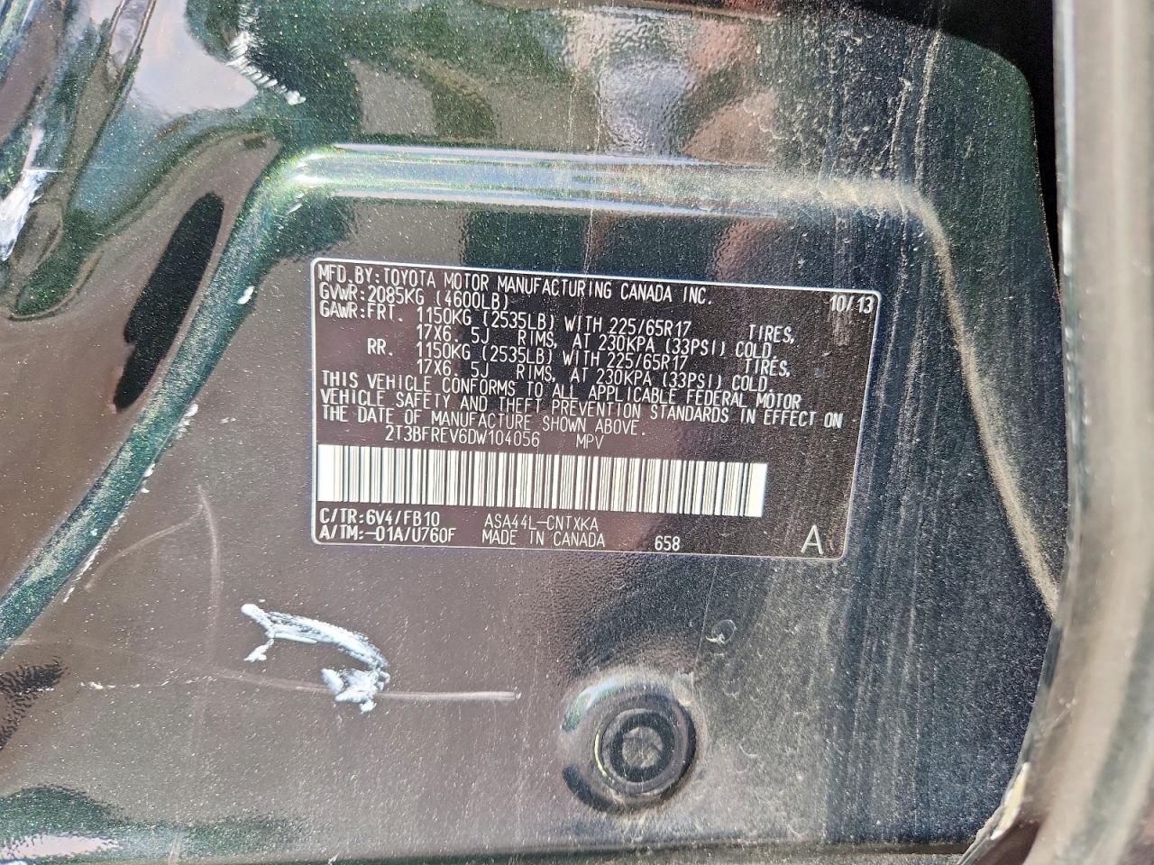 2013 Toyota Rav4 Le Green vin: 2T3BFREV6DW104056