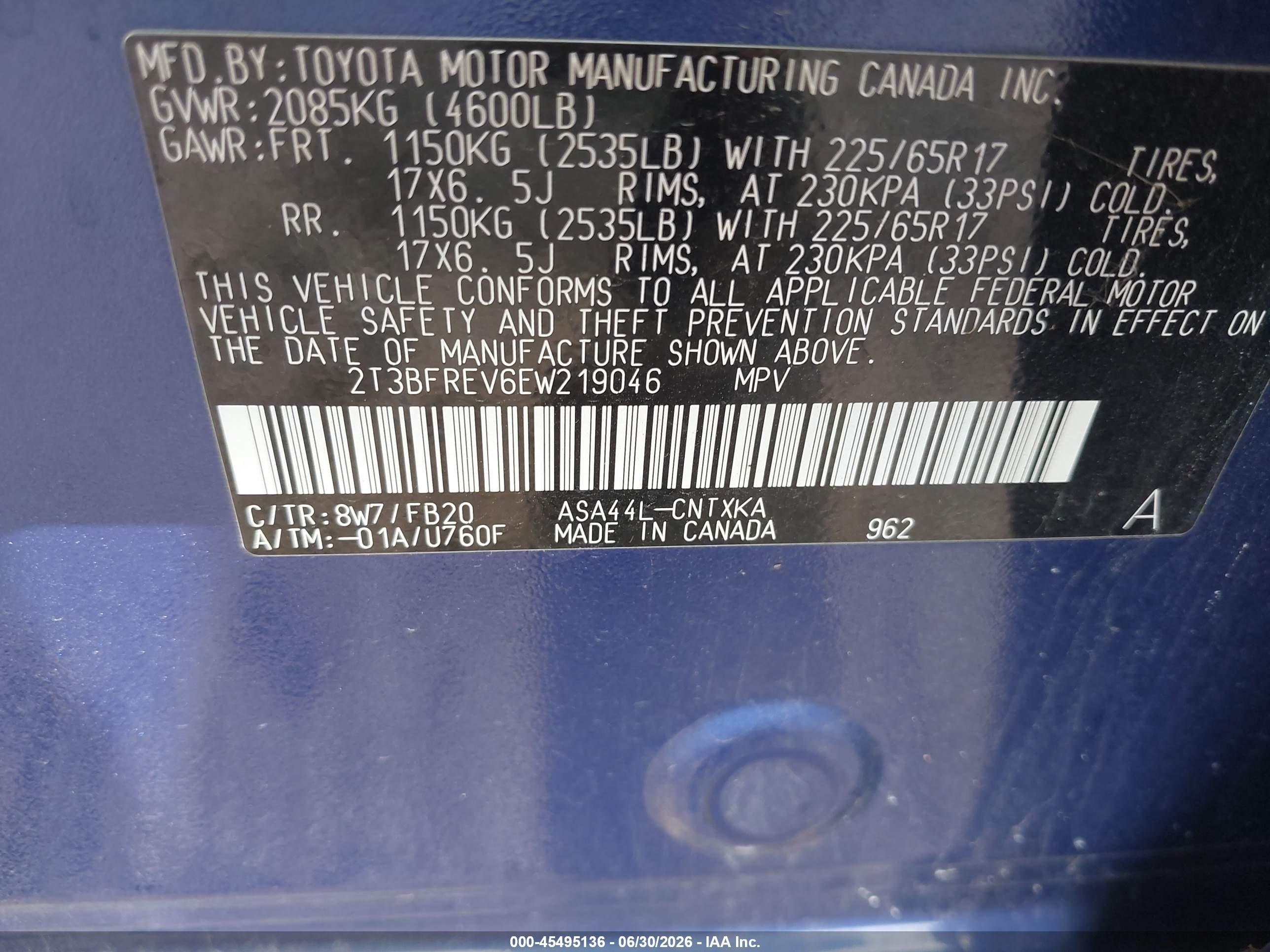 2014 Toyota Rav4 Le Blue vin: 2T3BFREV6EW219046