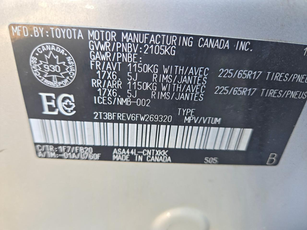 2015 Toyota Rav4 Le Gray vin: 2T3BFREV6FW269320