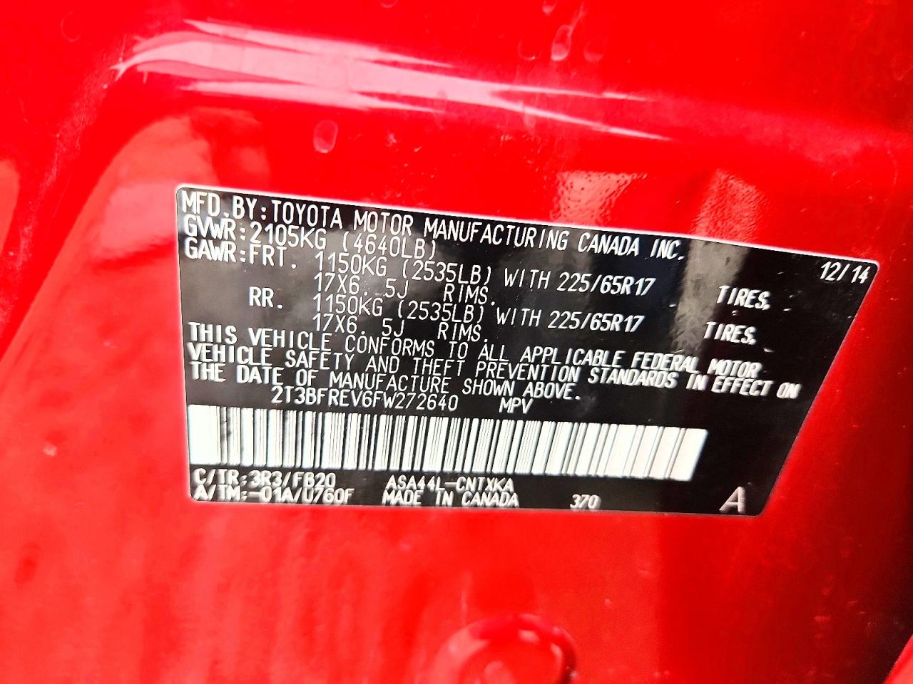 2015 Toyota Rav4 Le Red vin: 2T3BFREV6FW272640