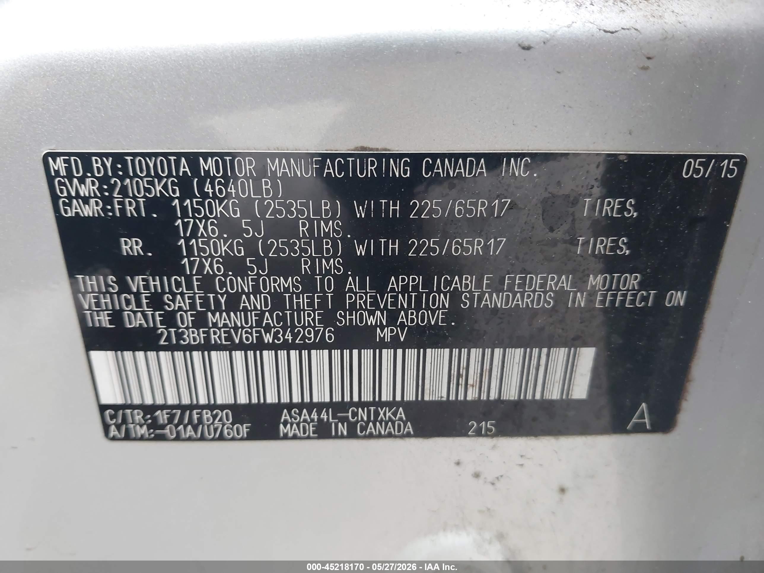 2015 Toyota Rav4 Le Silver vin: 2T3BFREV6FW342976