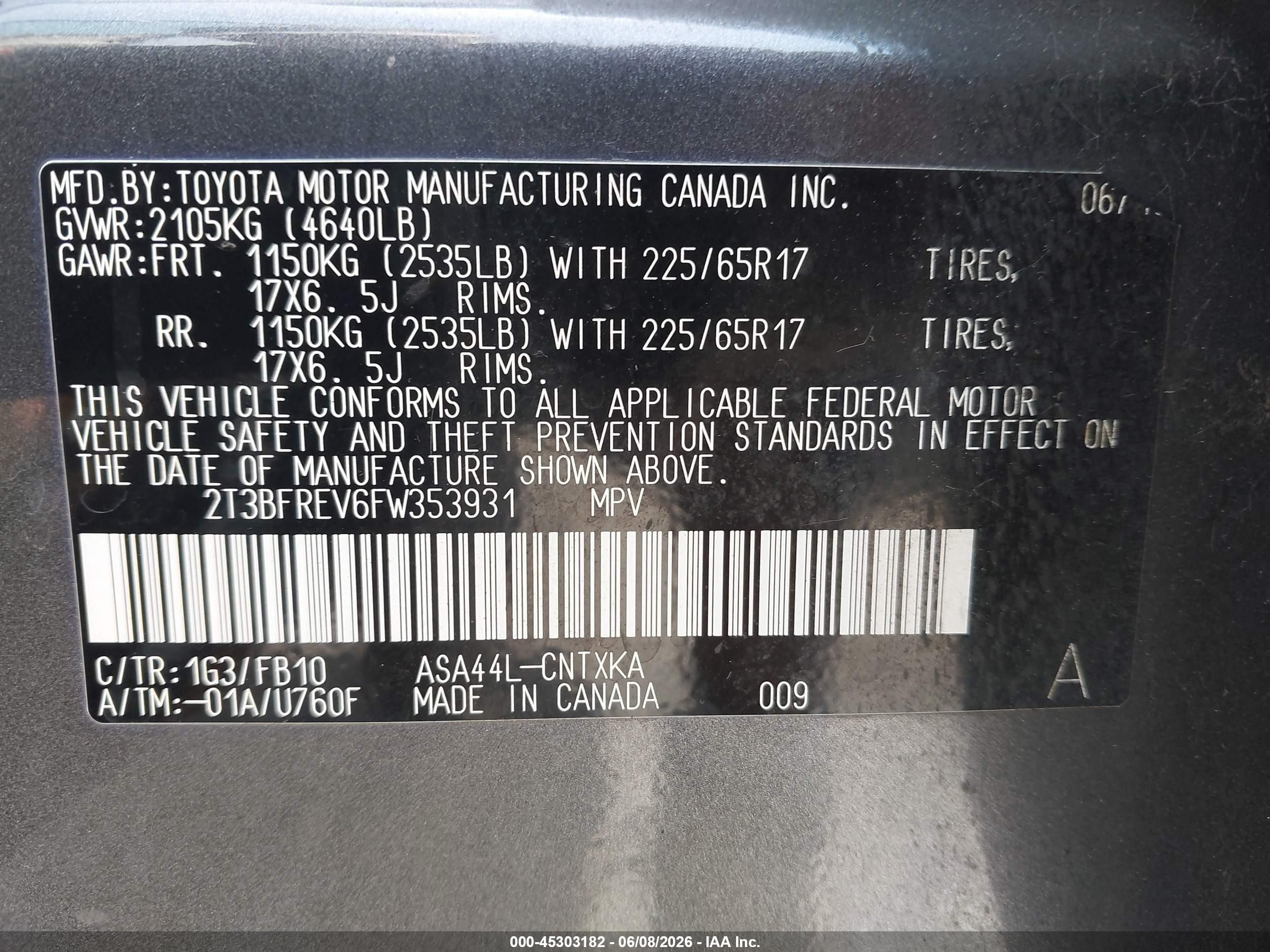 2015 Toyota Rav4 Le Gray vin: 2T3BFREV6FW353931