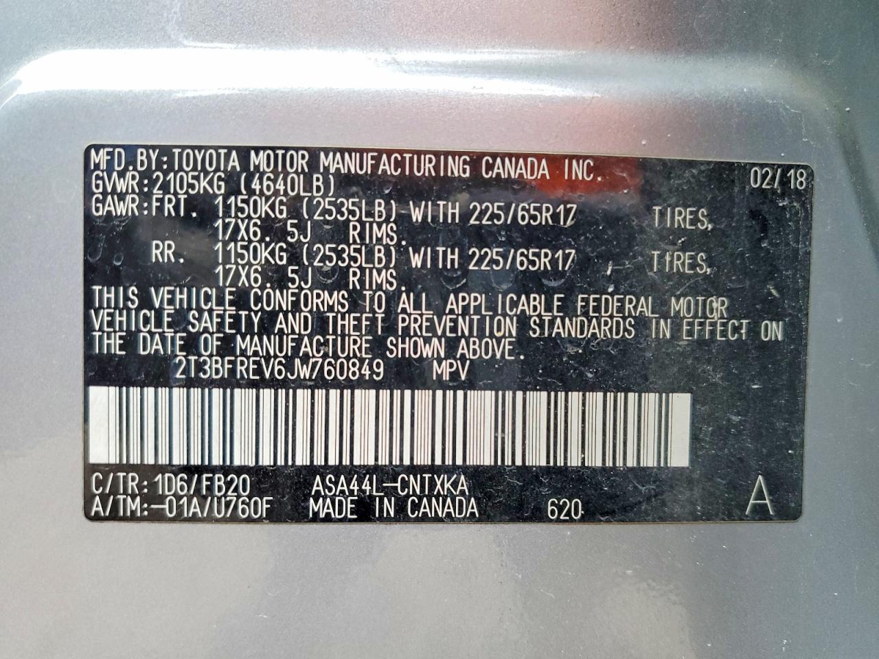 2018 Toyota Rav4 Le Silver vin: 2T3BFREV6JW760849