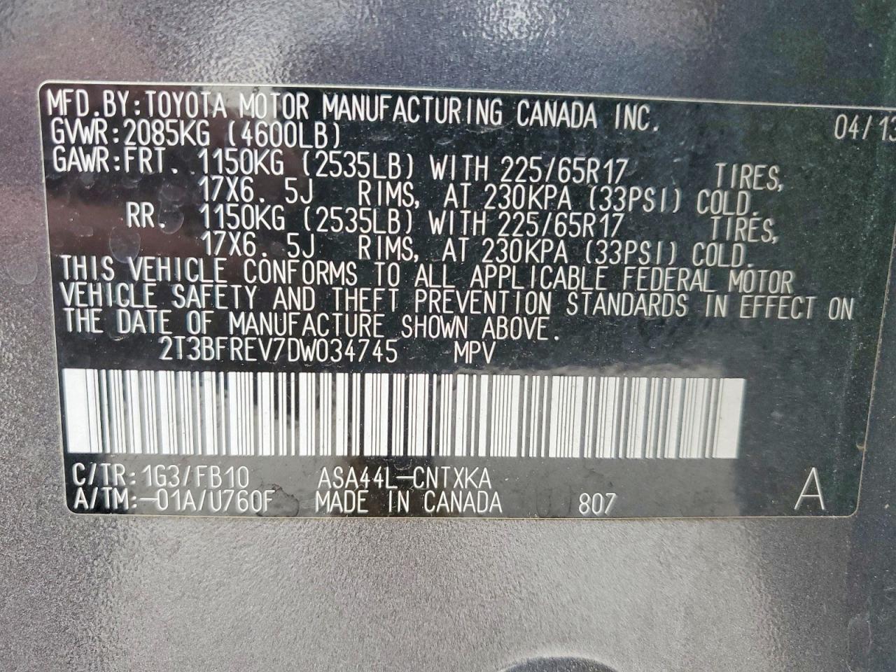 2013 Toyota Rav4 Le Gray vin: 2T3BFREV7DW034745