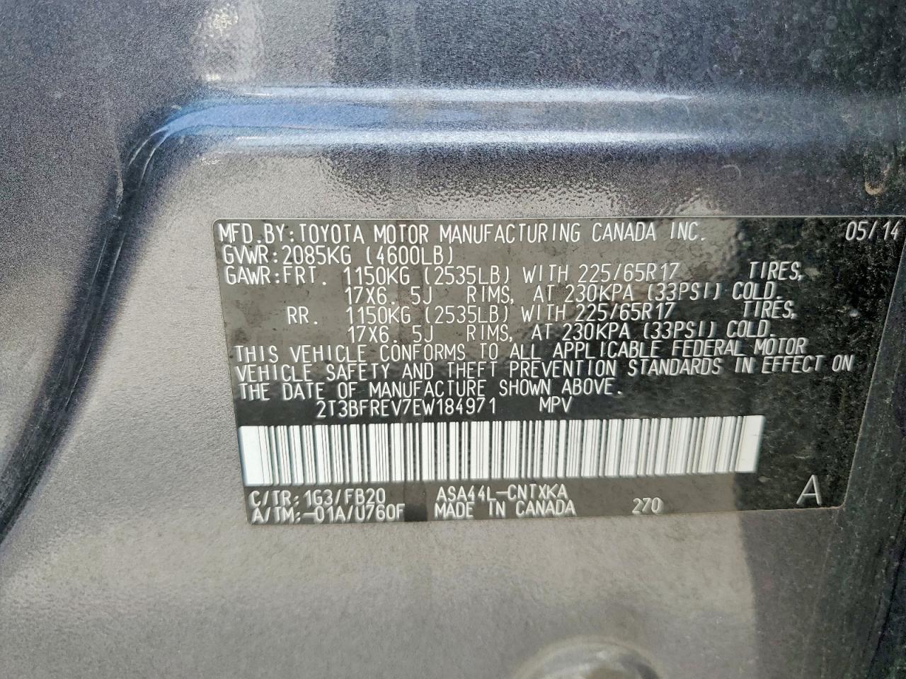 2014 Toyota Rav4 Le Charcoal vin: 2T3BFREV7EW184971