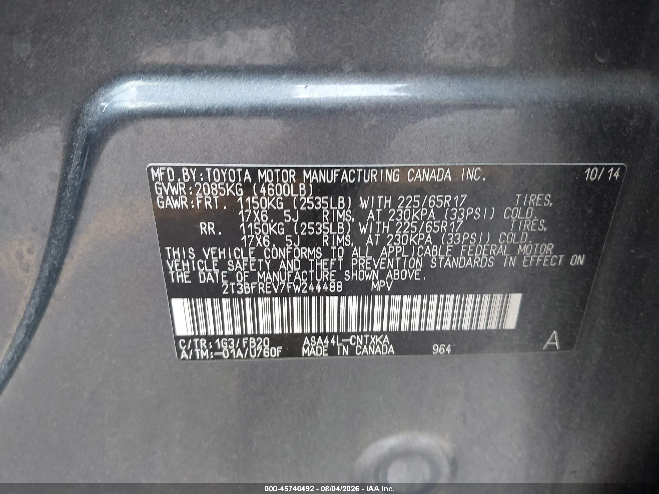 2015 Toyota Rav4 Le Gray vin: 2T3BFREV7FW244488