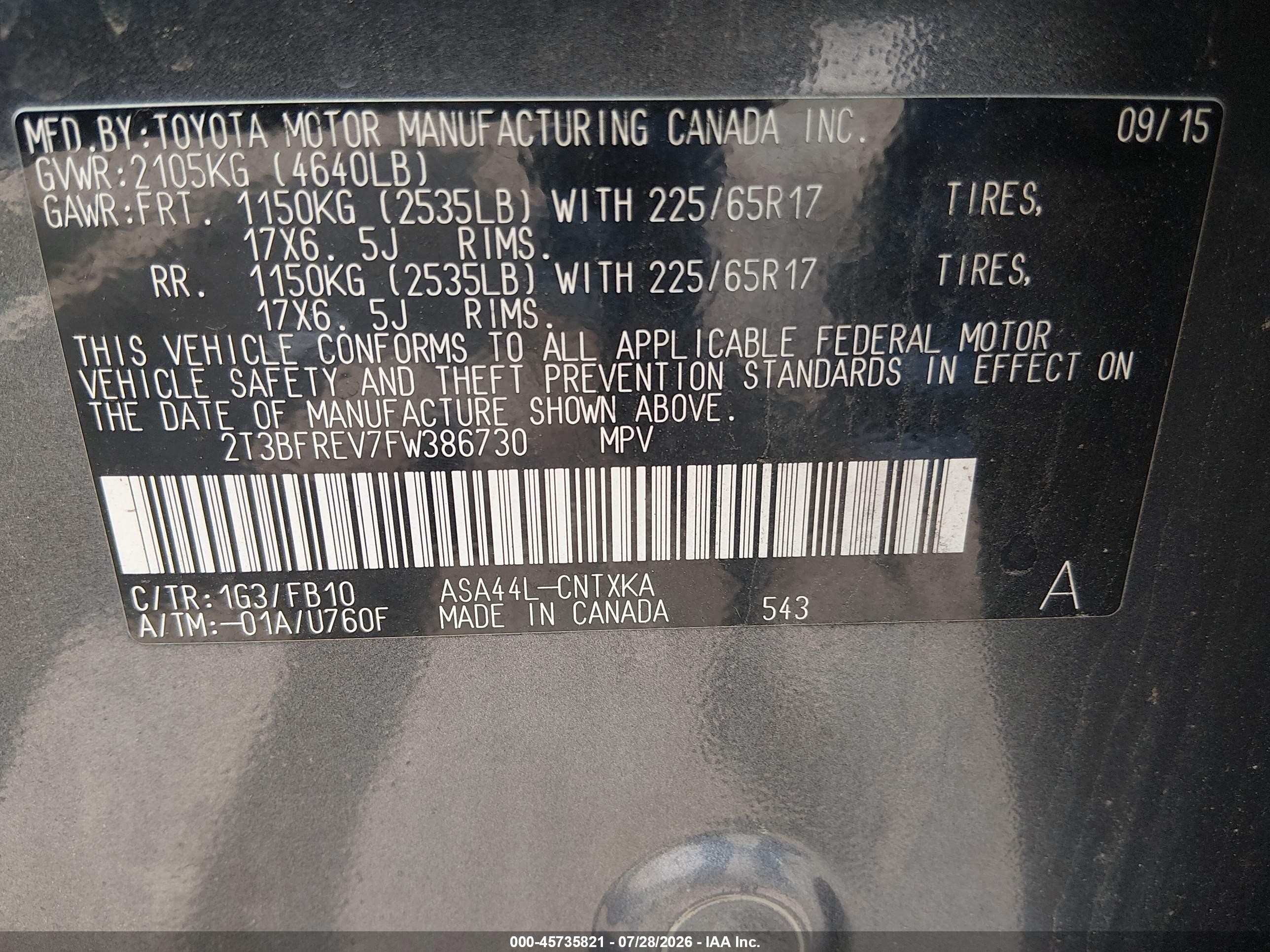 2015 Toyota Rav4 Le Gray vin: 2T3BFREV7FW386730