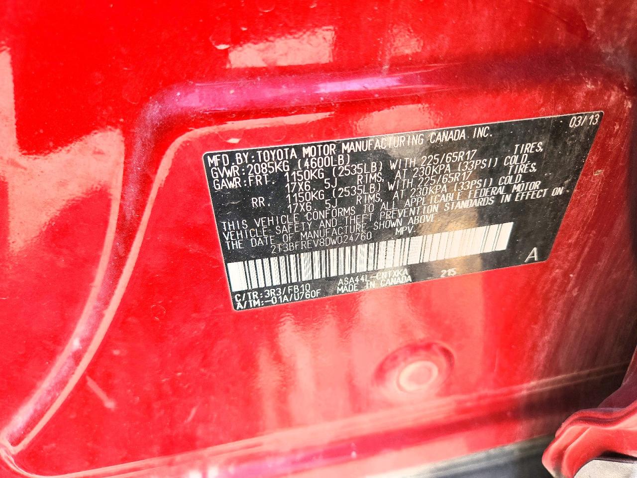 2013 Toyota Rav4 Le Red vin: 2T3BFREV8DW024760