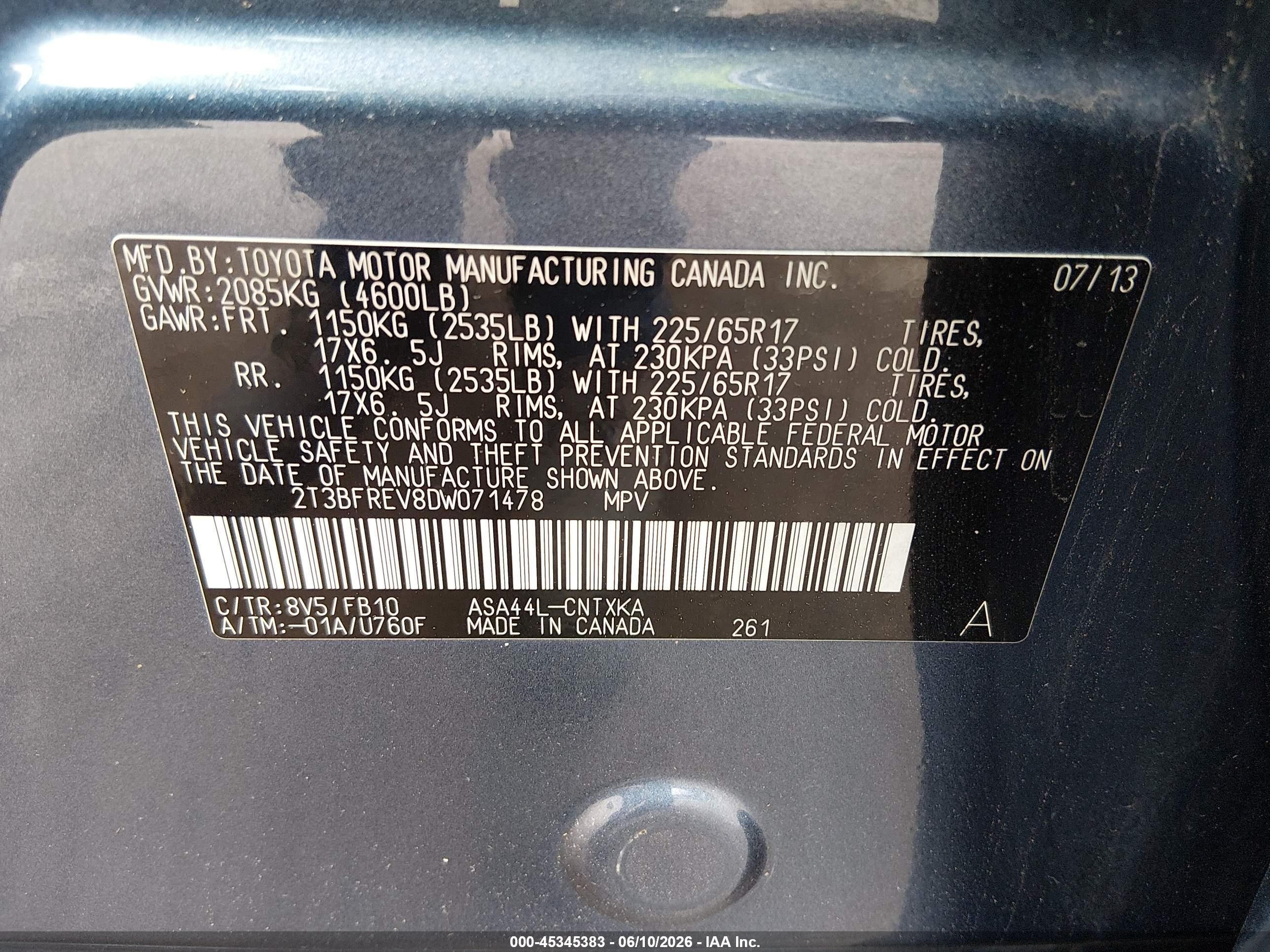 2013 Toyota Rav4 Le Blue vin: 2T3BFREV8DW071478