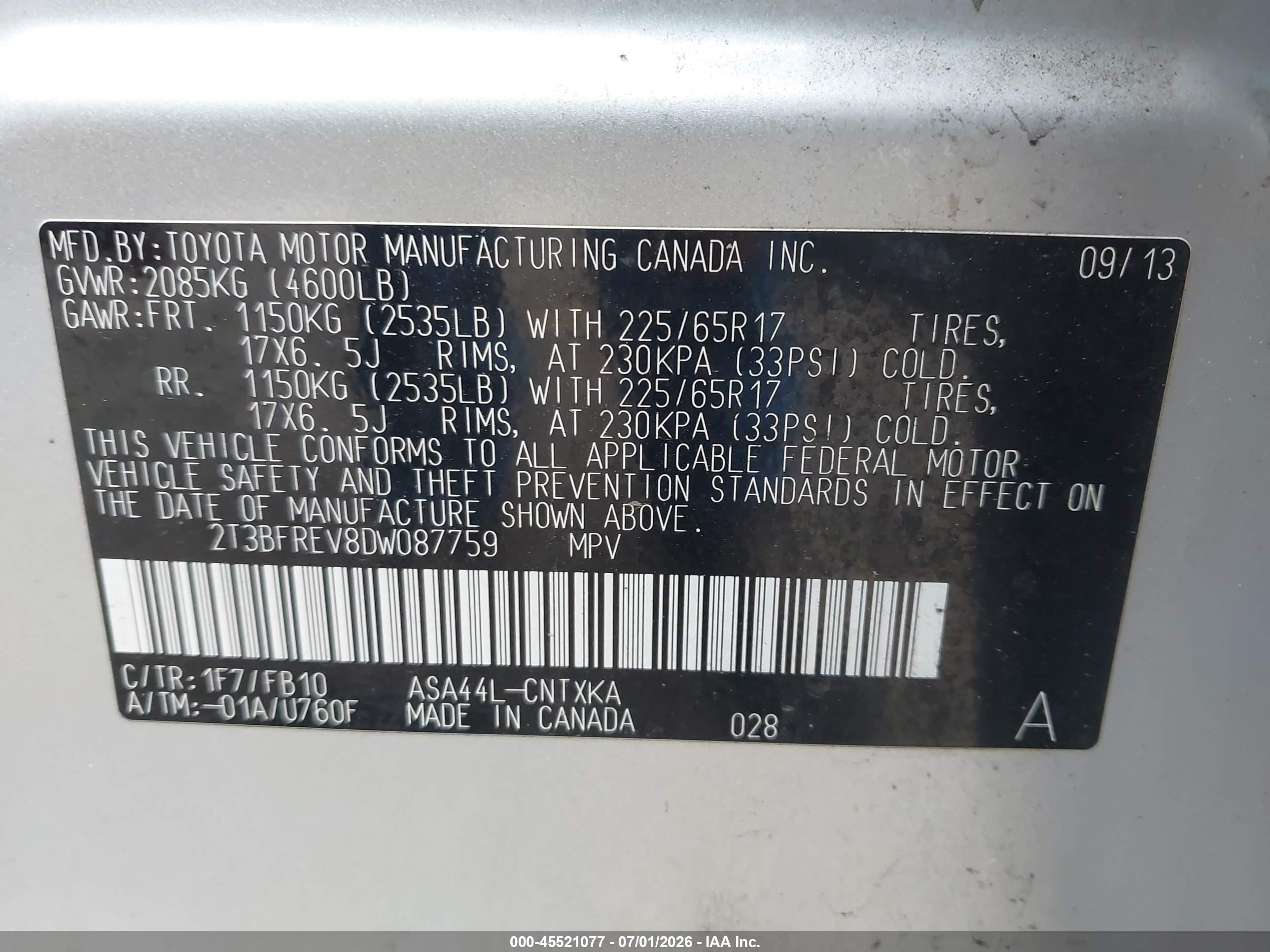 2013 Toyota Rav4 Le Silver vin: 2T3BFREV8DW087759