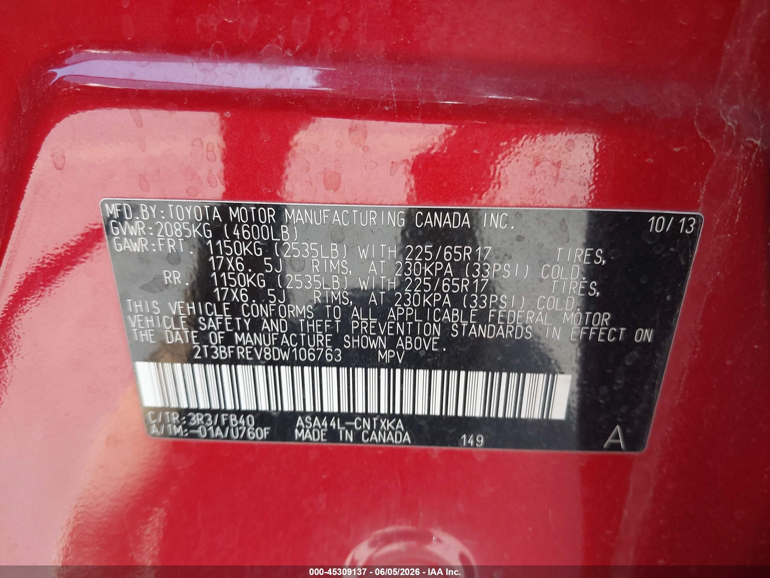 2013 Toyota Rav4 Le Red vin: 2T3BFREV8DW106763
