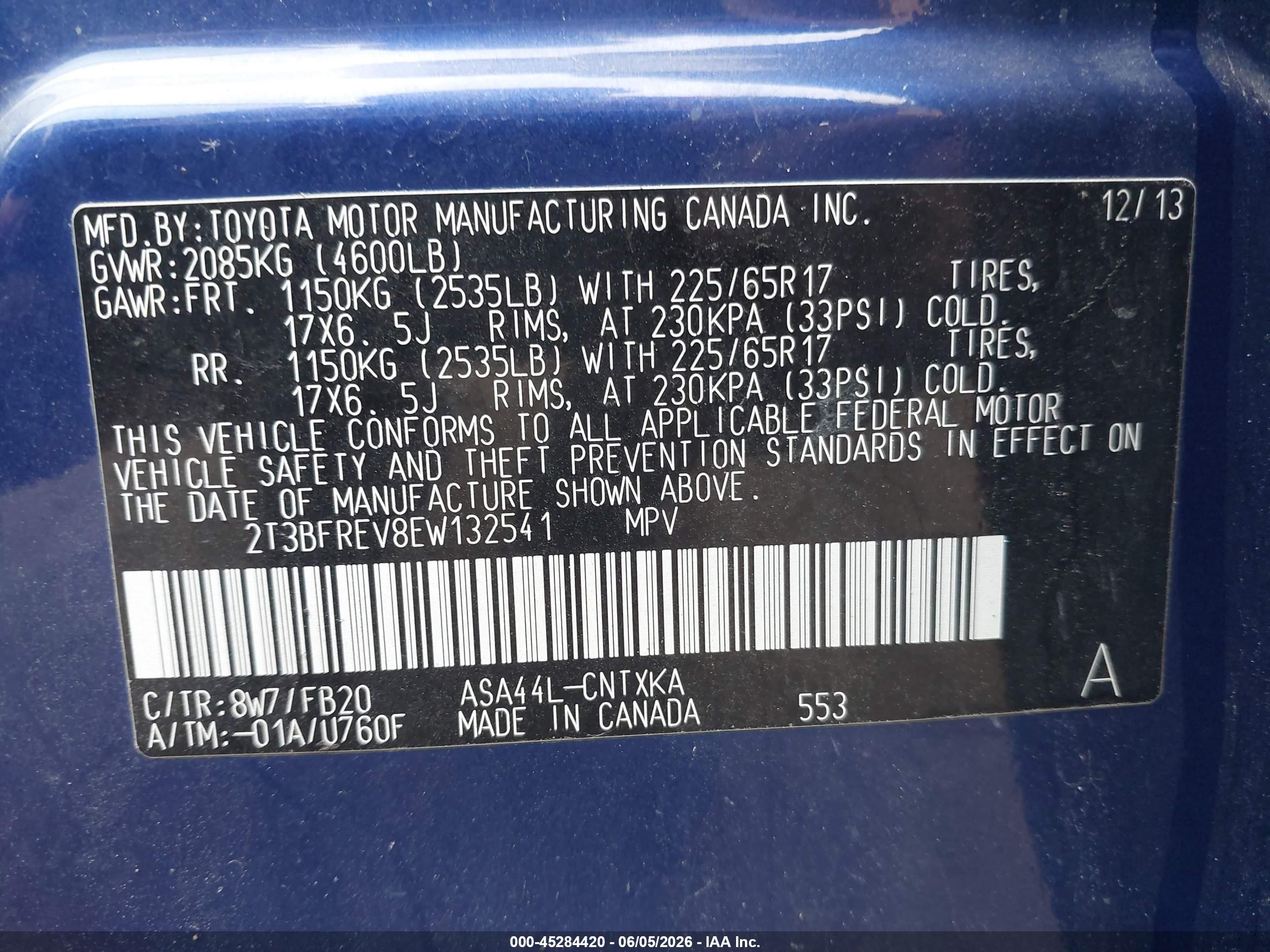 2014 Toyota Rav4 Le Blue vin: 2T3BFREV8EW132541
