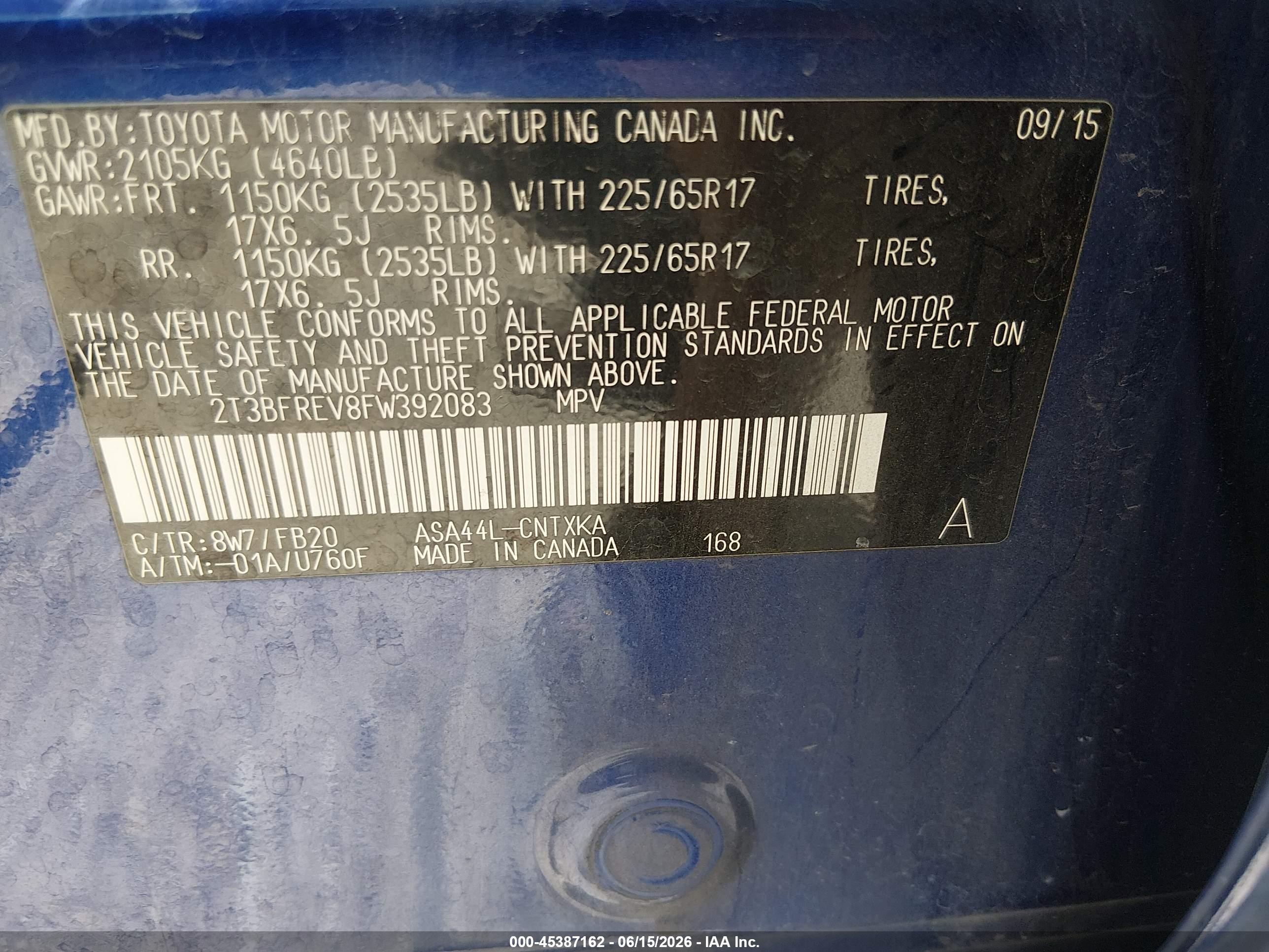 2015 Toyota Rav4 Le Blue vin: 2T3BFREV8FW392083