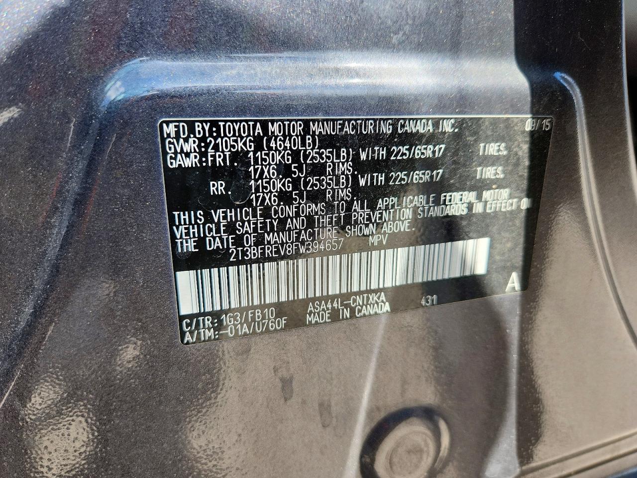 2015 Toyota Rav4 Le Gray vin: 2T3BFREV8FW394657