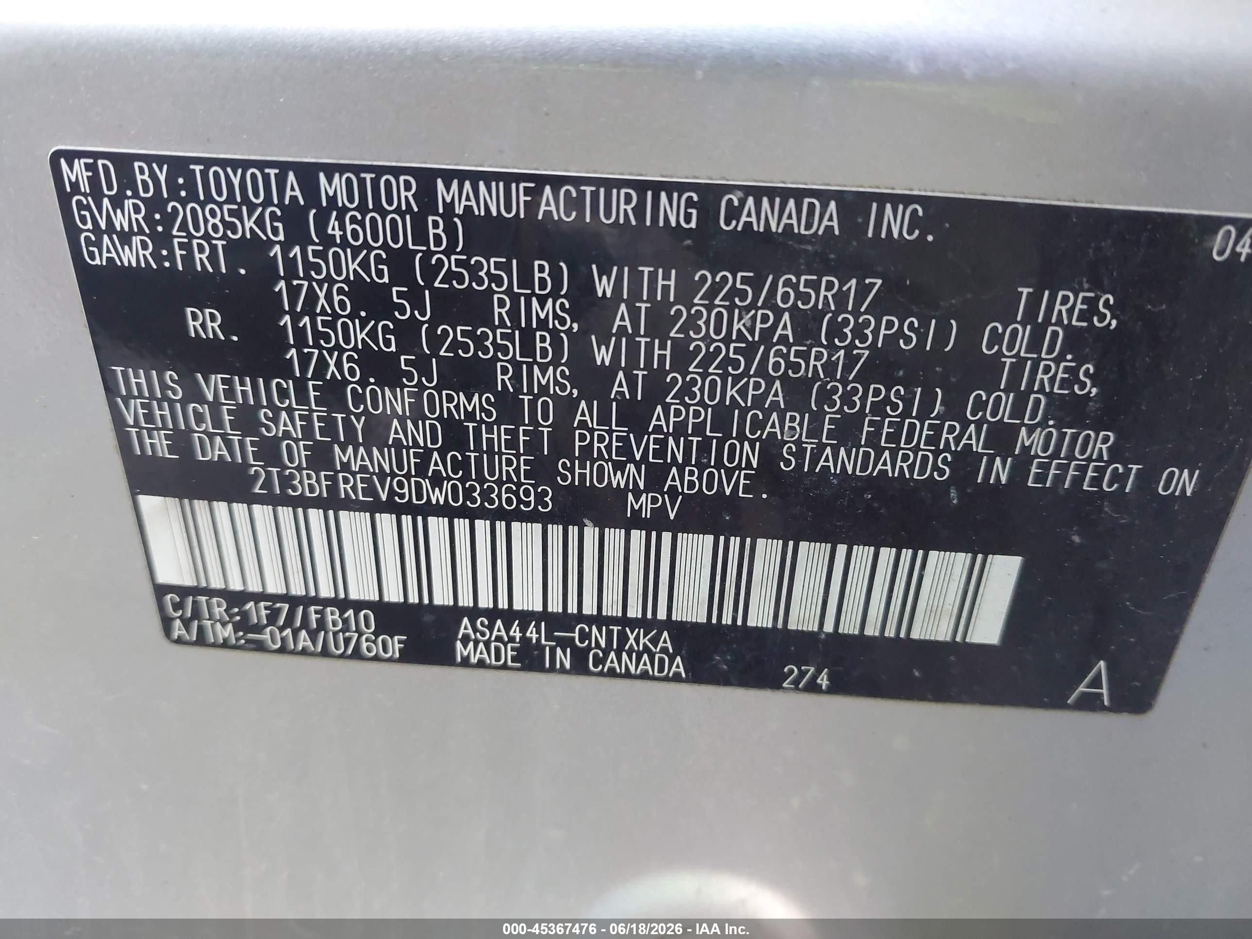 2013 Toyota Rav4 Le Silver vin: 2T3BFREV9DW033693