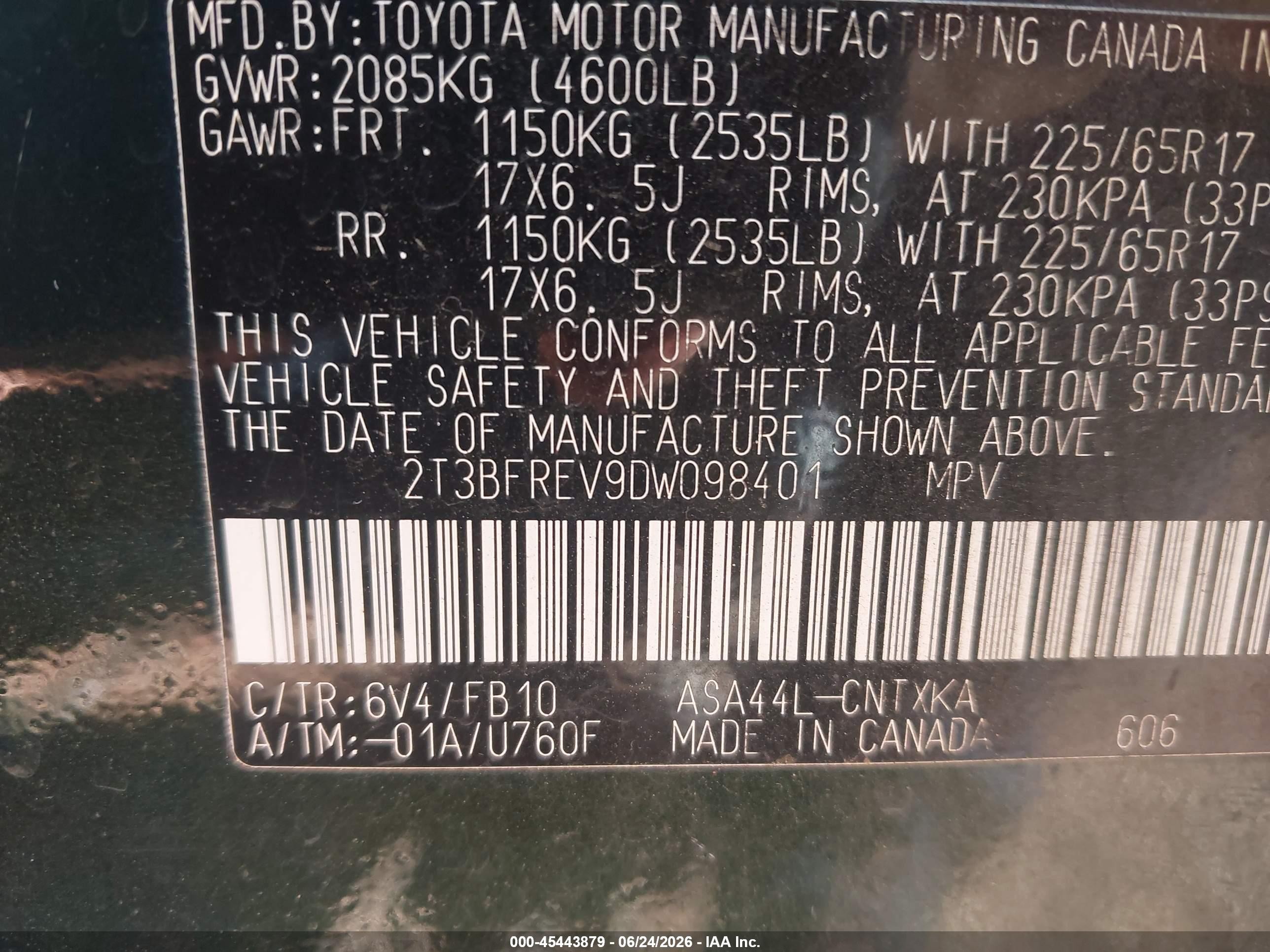 2013 Toyota Rav4 Le Green vin: 2T3BFREV9DW098401
