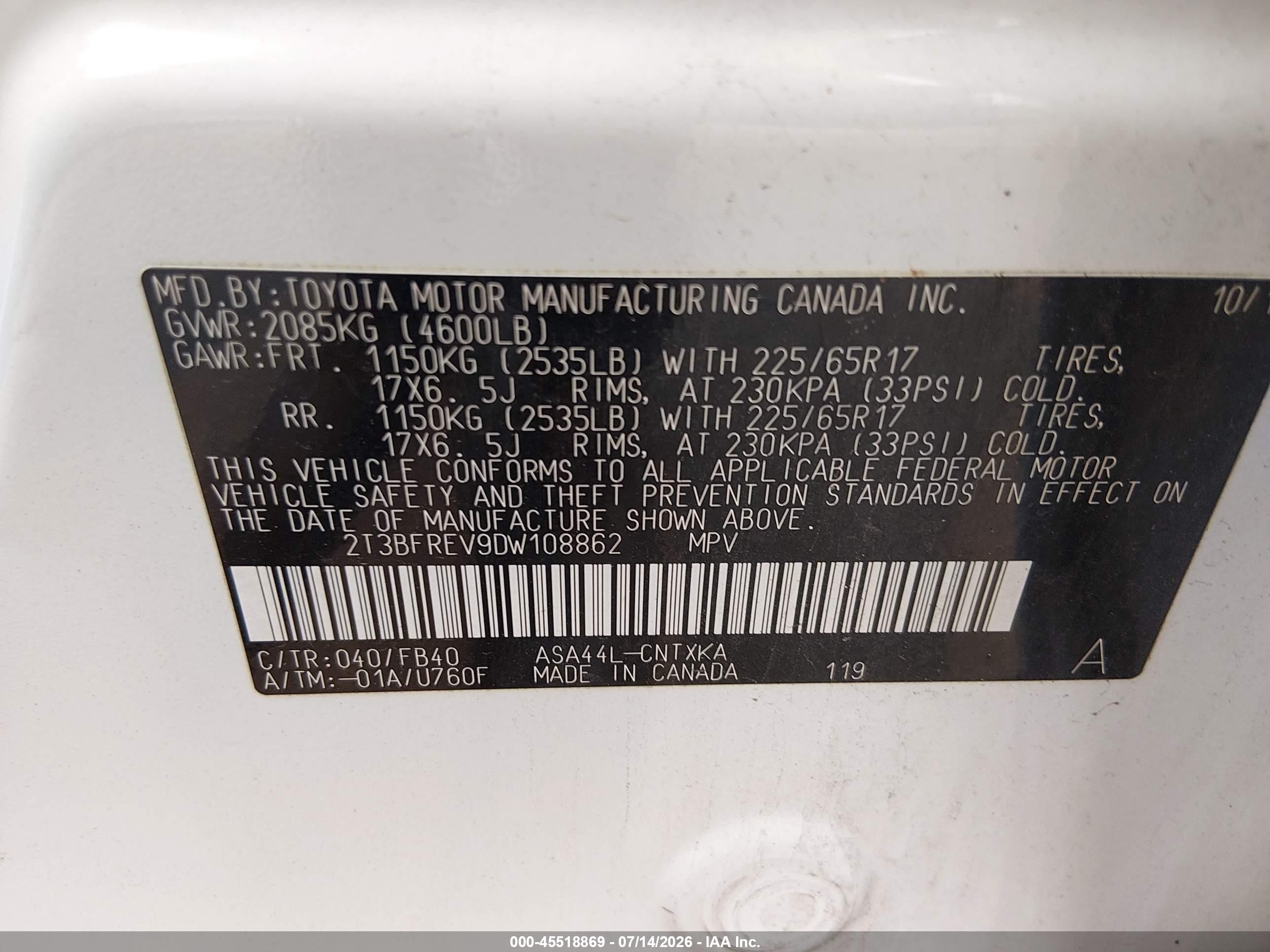 2013 Toyota Rav4 Le White vin: 2T3BFREV9DW108862