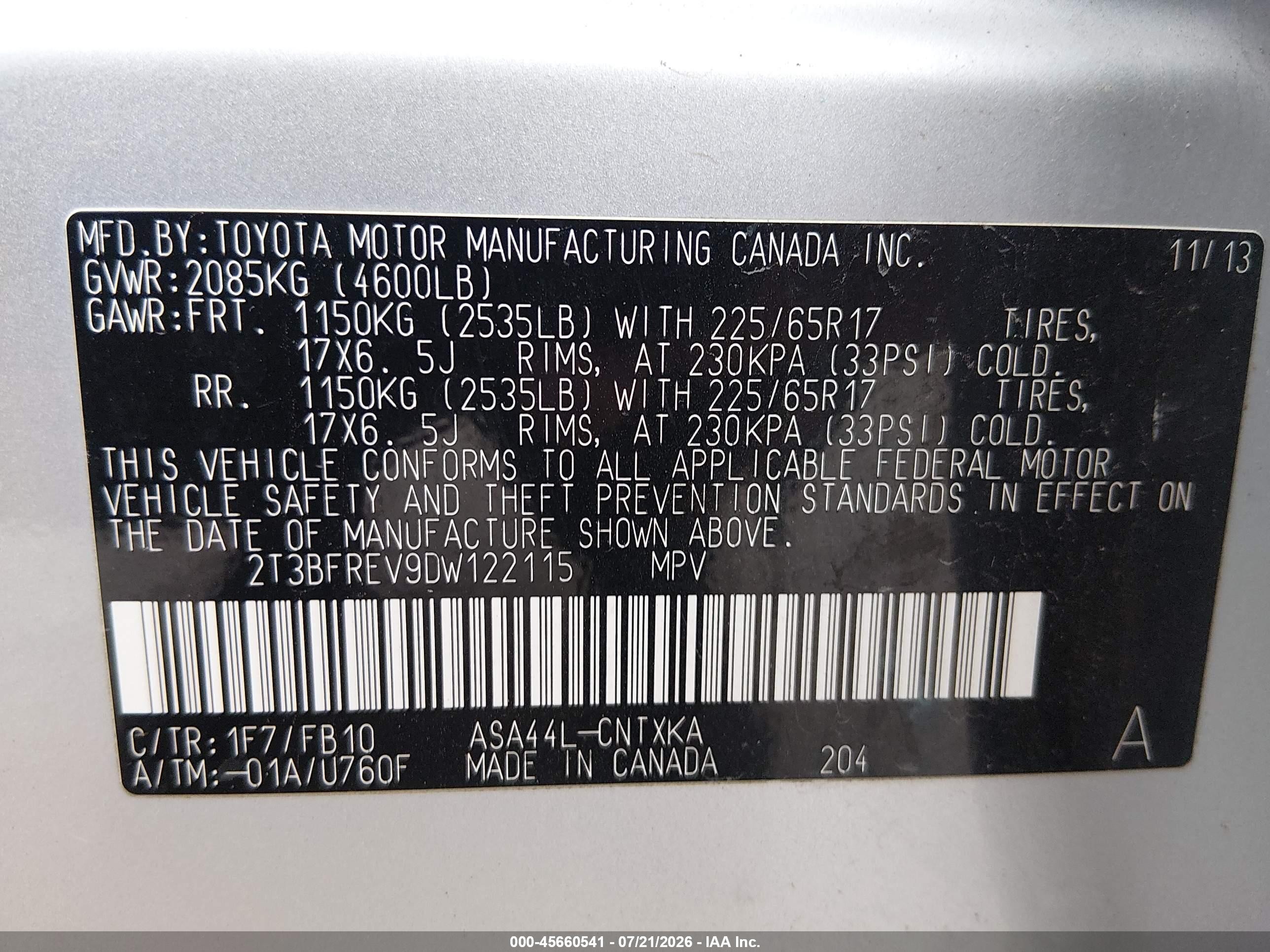 2013 Toyota Rav4 Le Silver vin: 2T3BFREV9DW122115