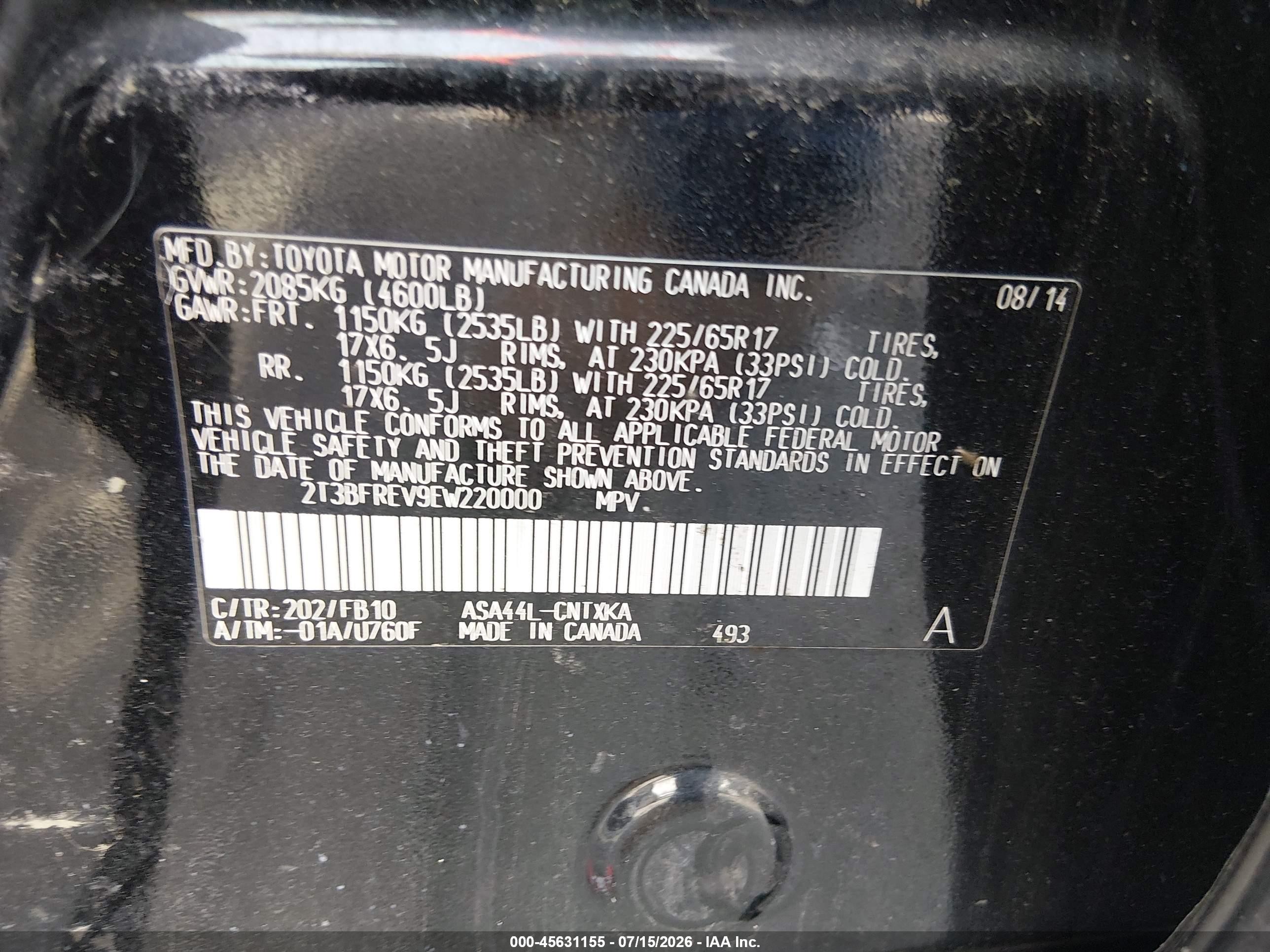 2014 Toyota Rav4 Le Black vin: 2T3BFREV9EW220000