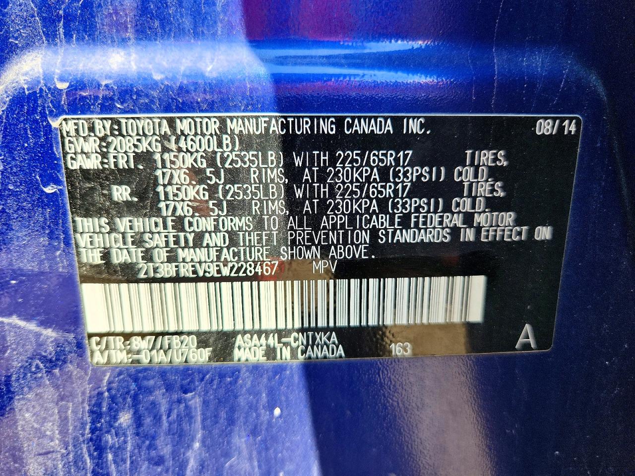 2014 Toyota Rav4 Le Blue vin: 2T3BFREV9EW228467