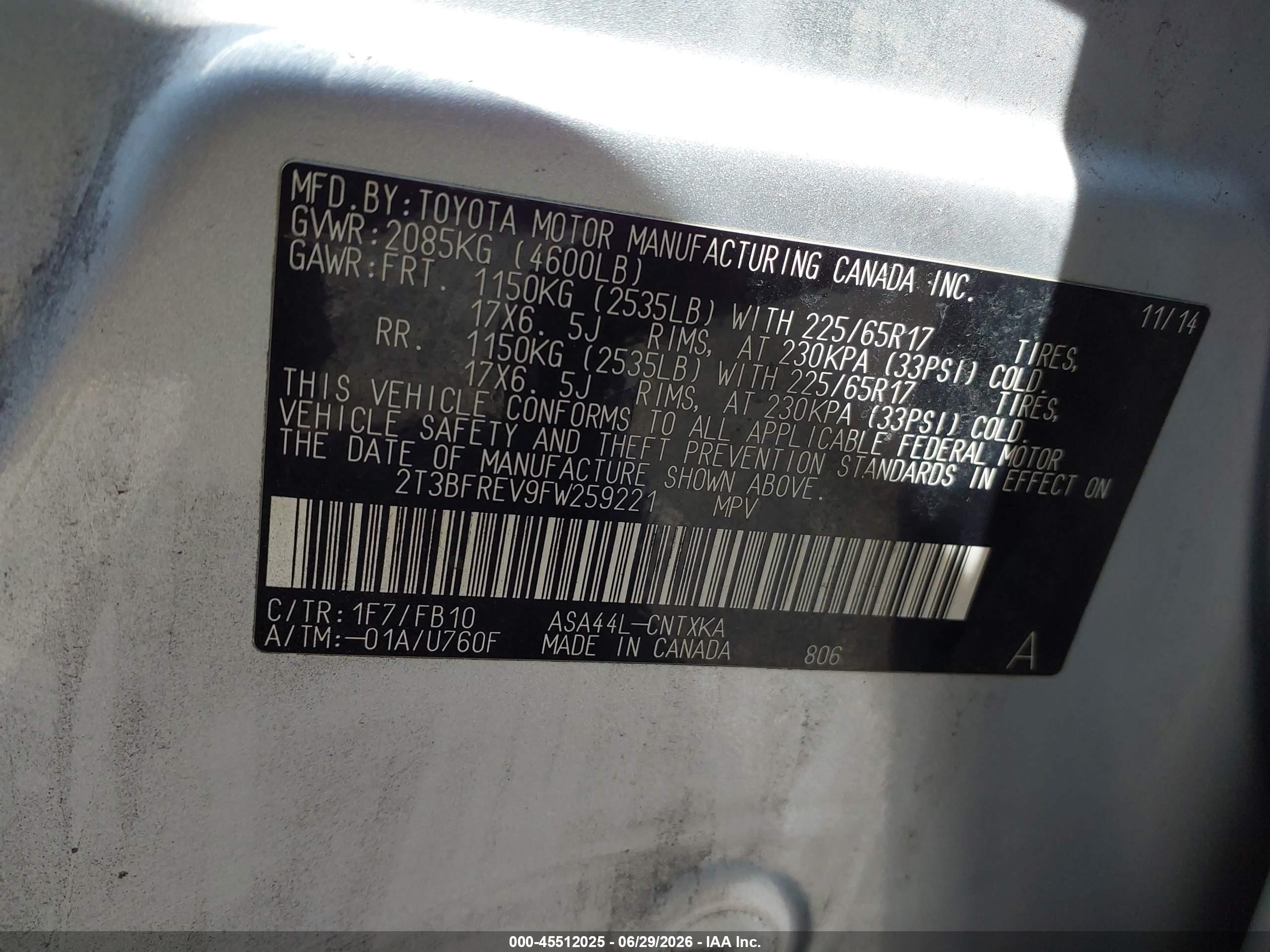 2015 Toyota Rav4 Le Silver vin: 2T3BFREV9FW259221