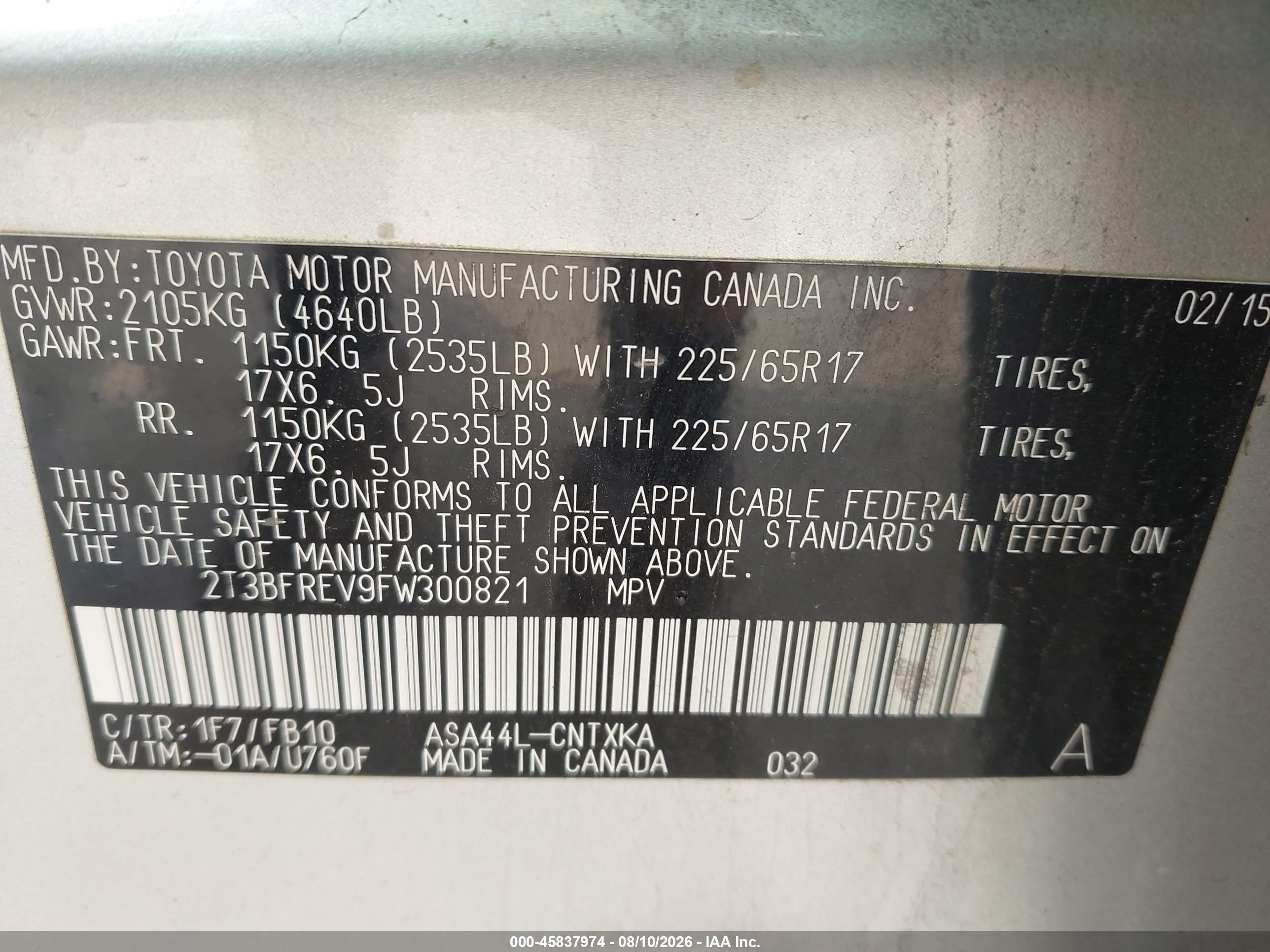 2015 Toyota Rav4 Le Silver vin: 2T3BFREV9FW300821