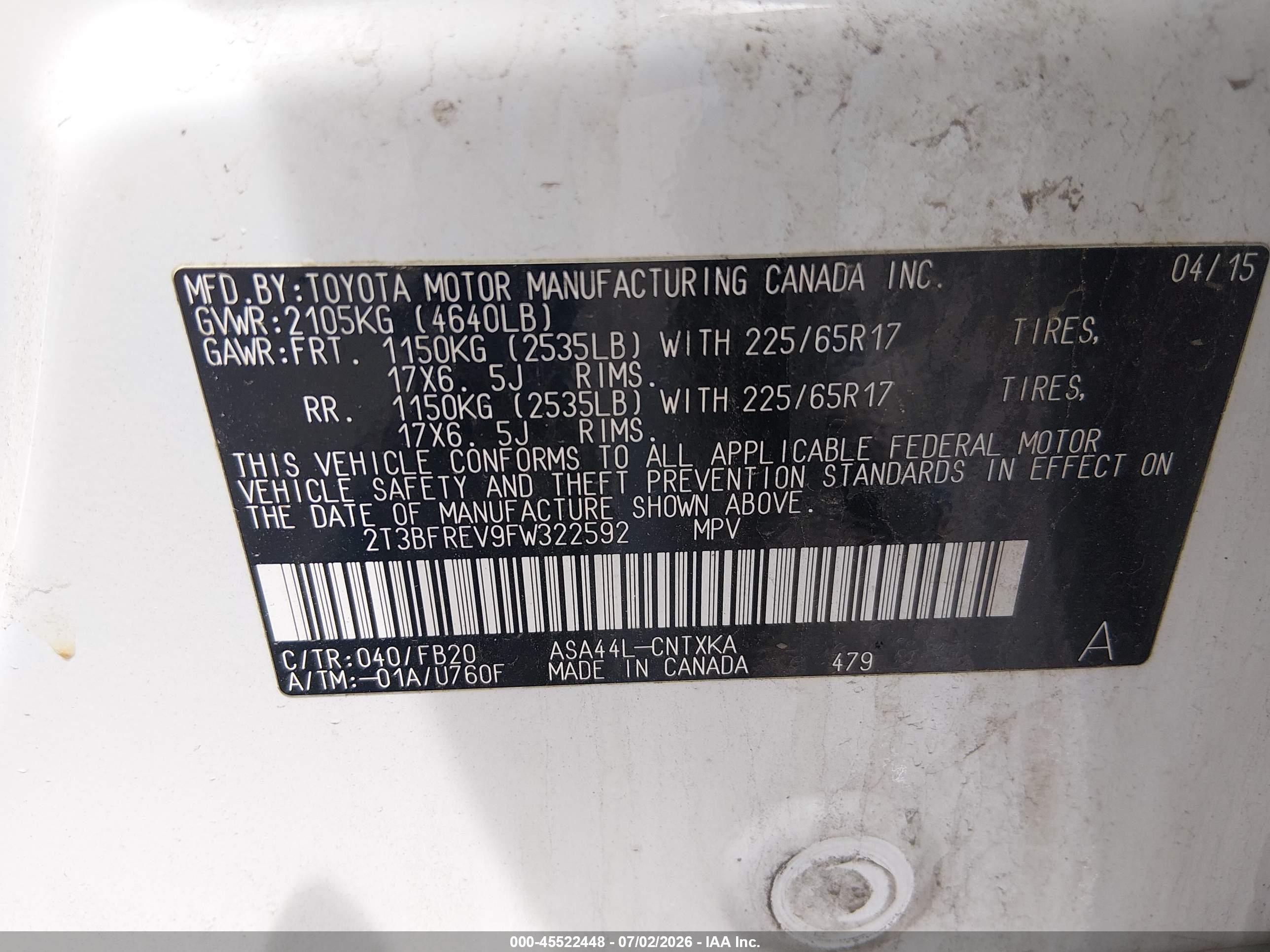 2015 Toyota Rav4 Le White vin: 2T3BFREV9FW322592