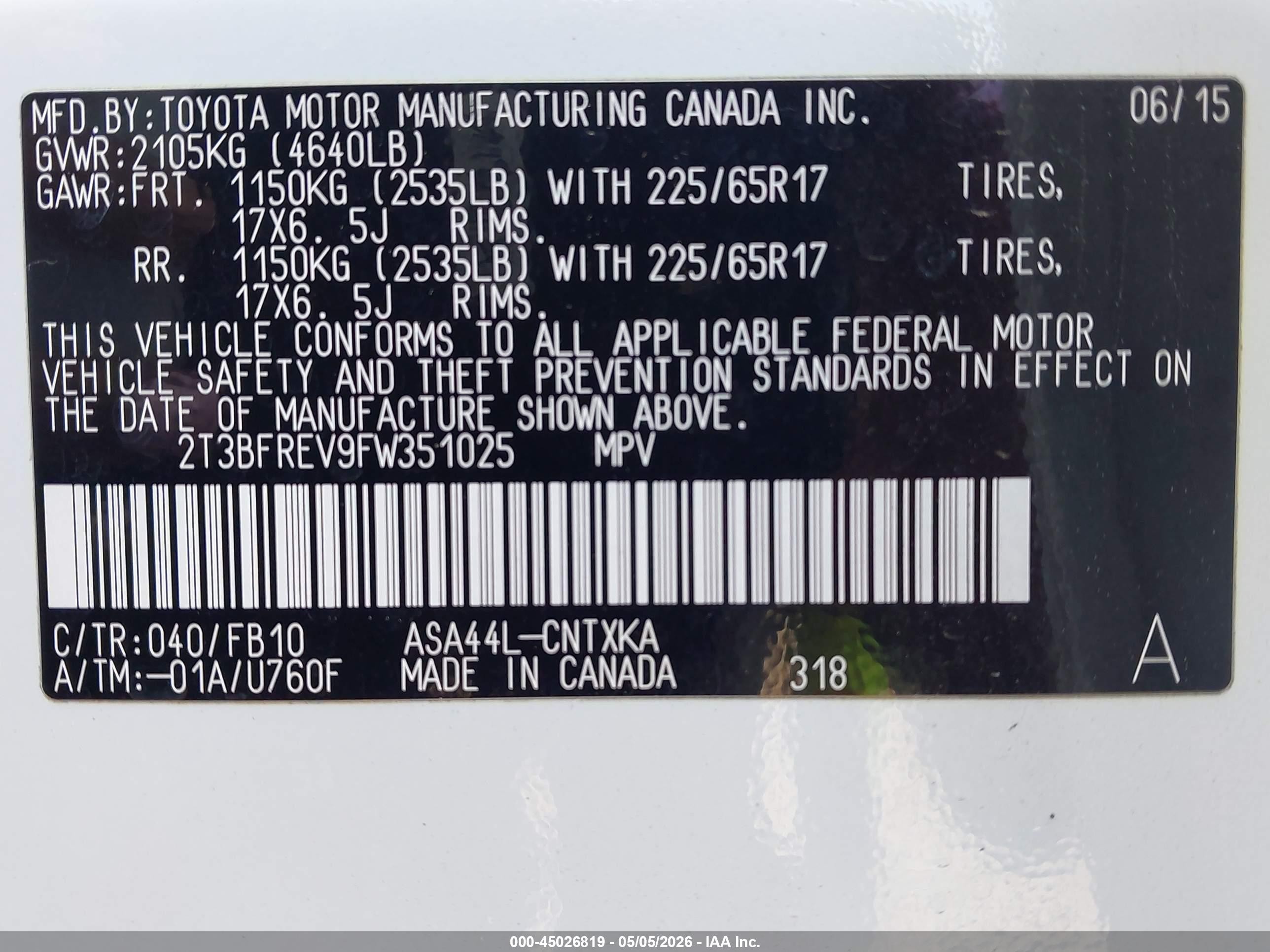 2015 Toyota Rav4 Le White vin: 2T3BFREV9FW351025