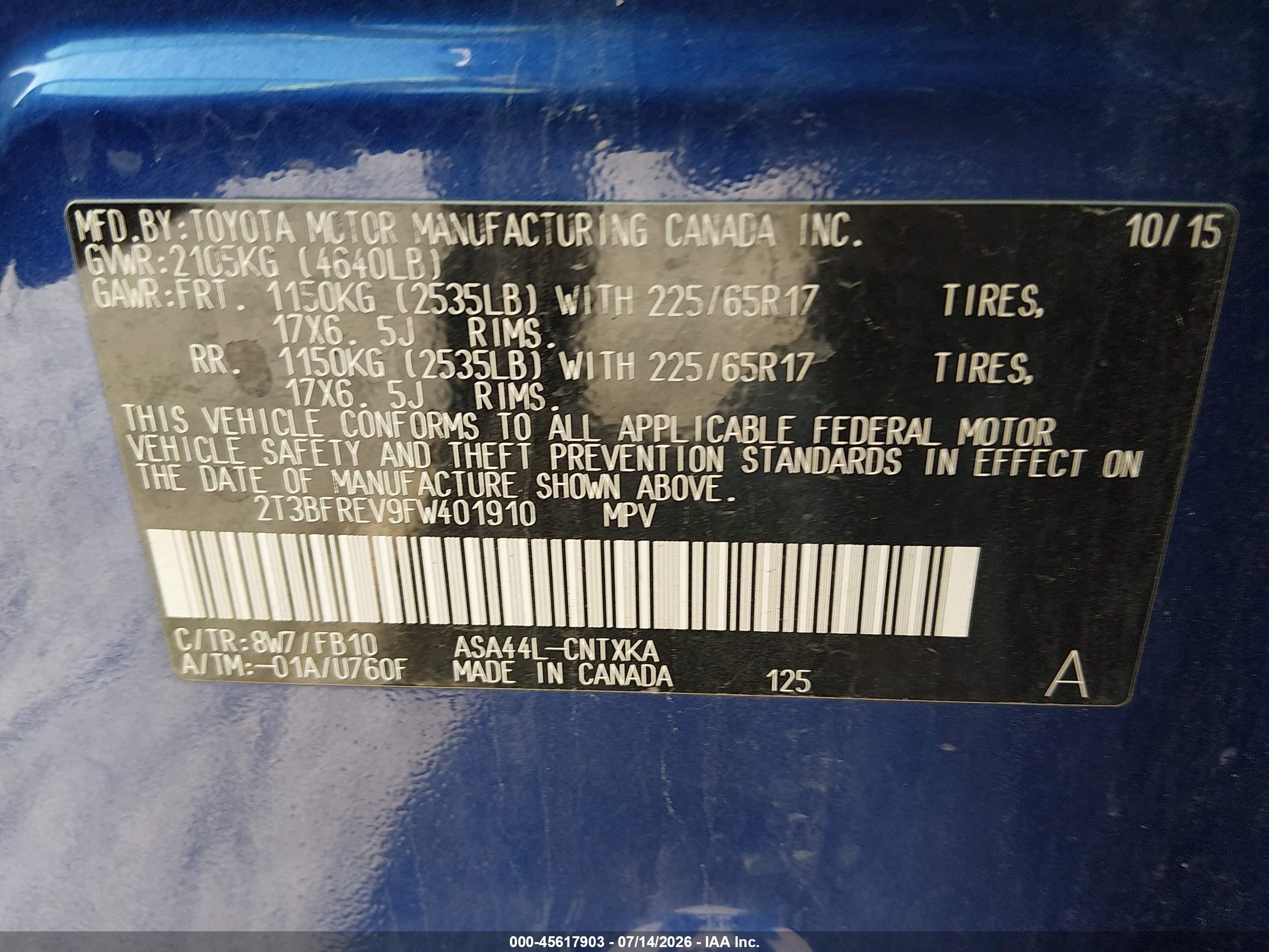 2015 Toyota Rav4 Le Blue vin: 2T3BFREV9FW401910
