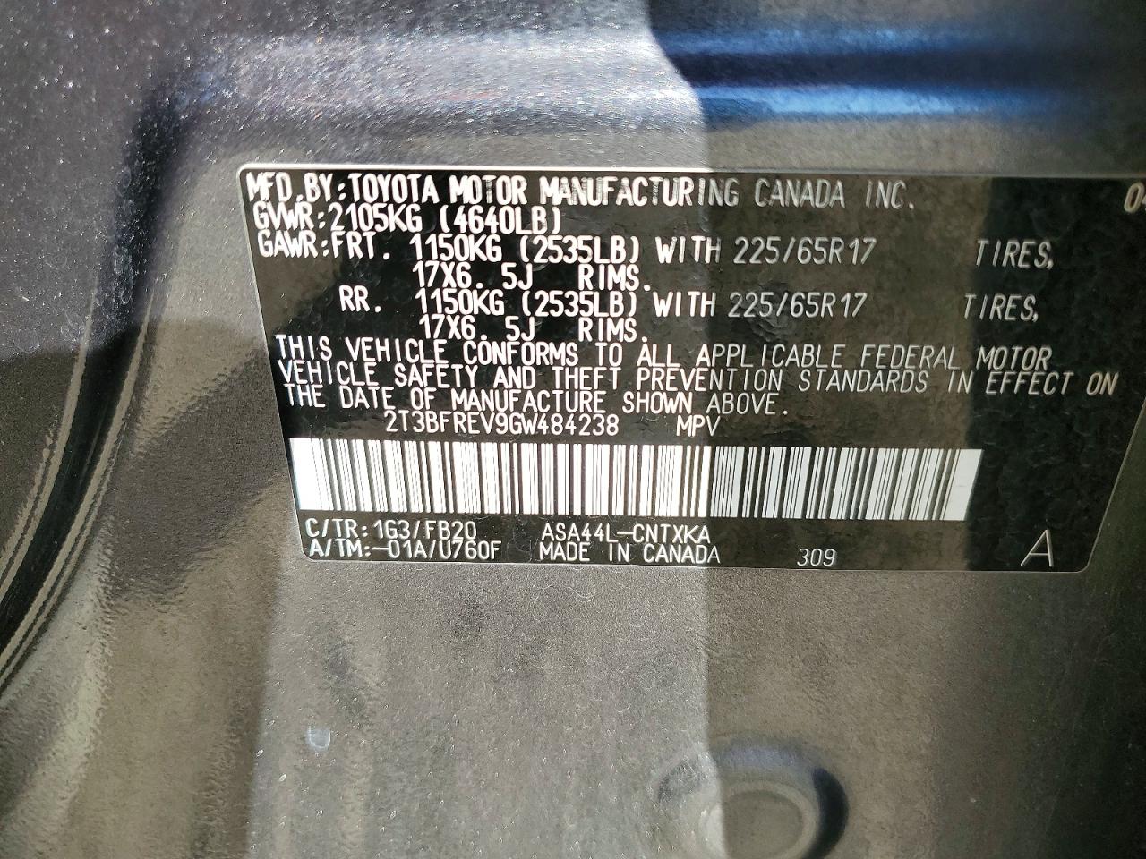 2016 Toyota Rav4 Le Charcoal vin: 2T3BFREV9GW484238