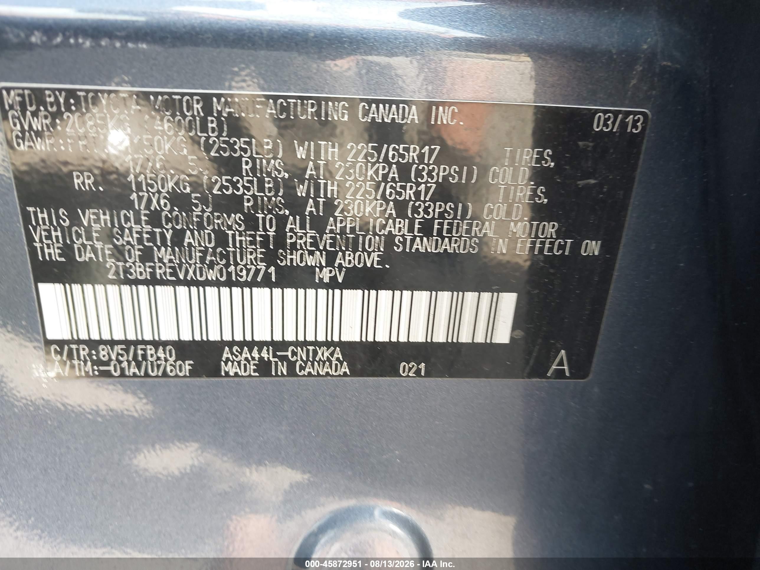 2013 Toyota Rav4 Le Blue vin: 2T3BFREVXDW019771