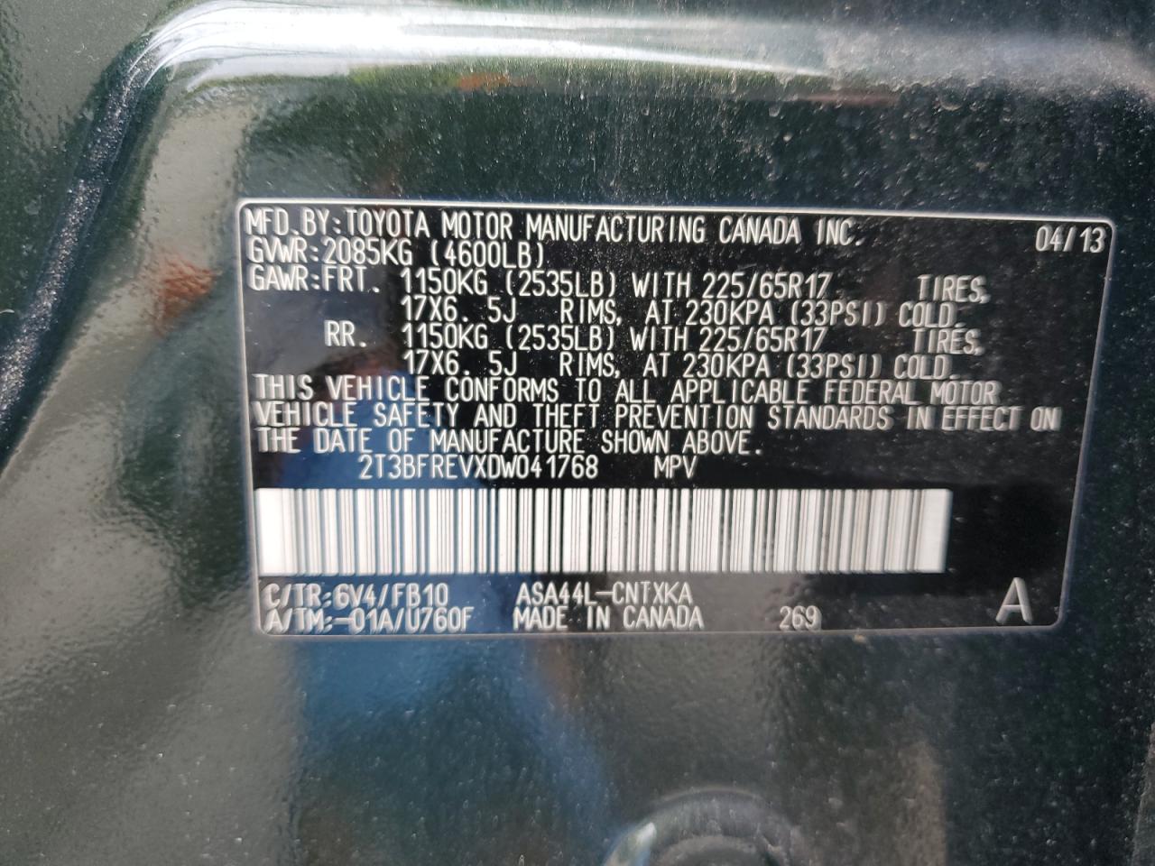 2013 Toyota Rav4 Le Green vin: 2T3BFREVXDW041768