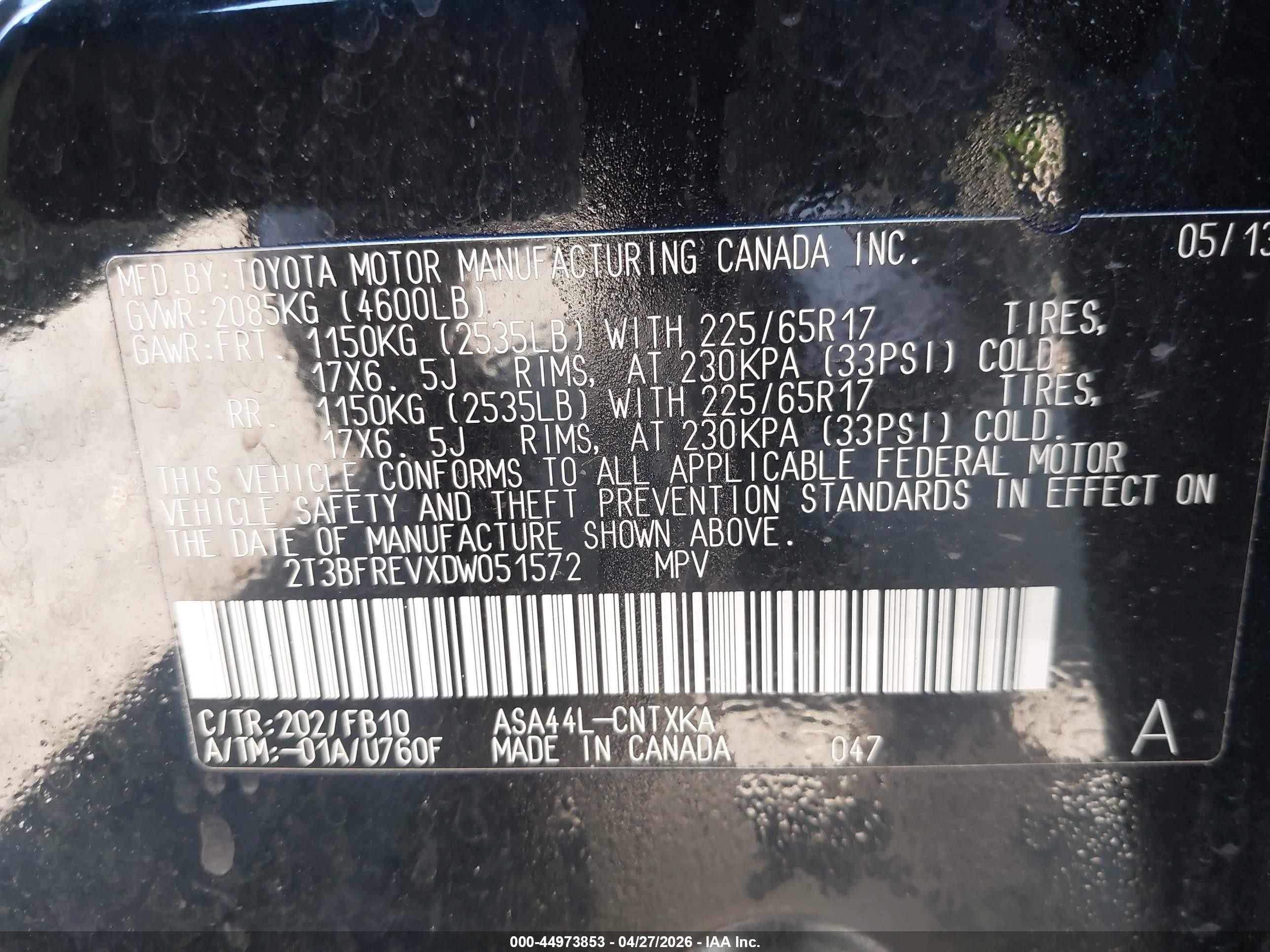 2013 Toyota Rav4 Le Black vin: 2T3BFREVXDW051572