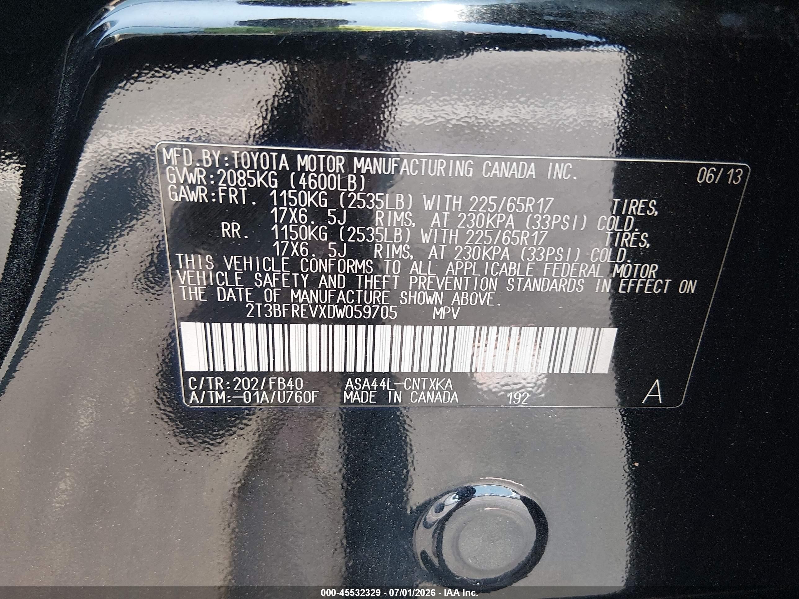 2013 Toyota Rav4 Le Black vin: 2T3BFREVXDW059705