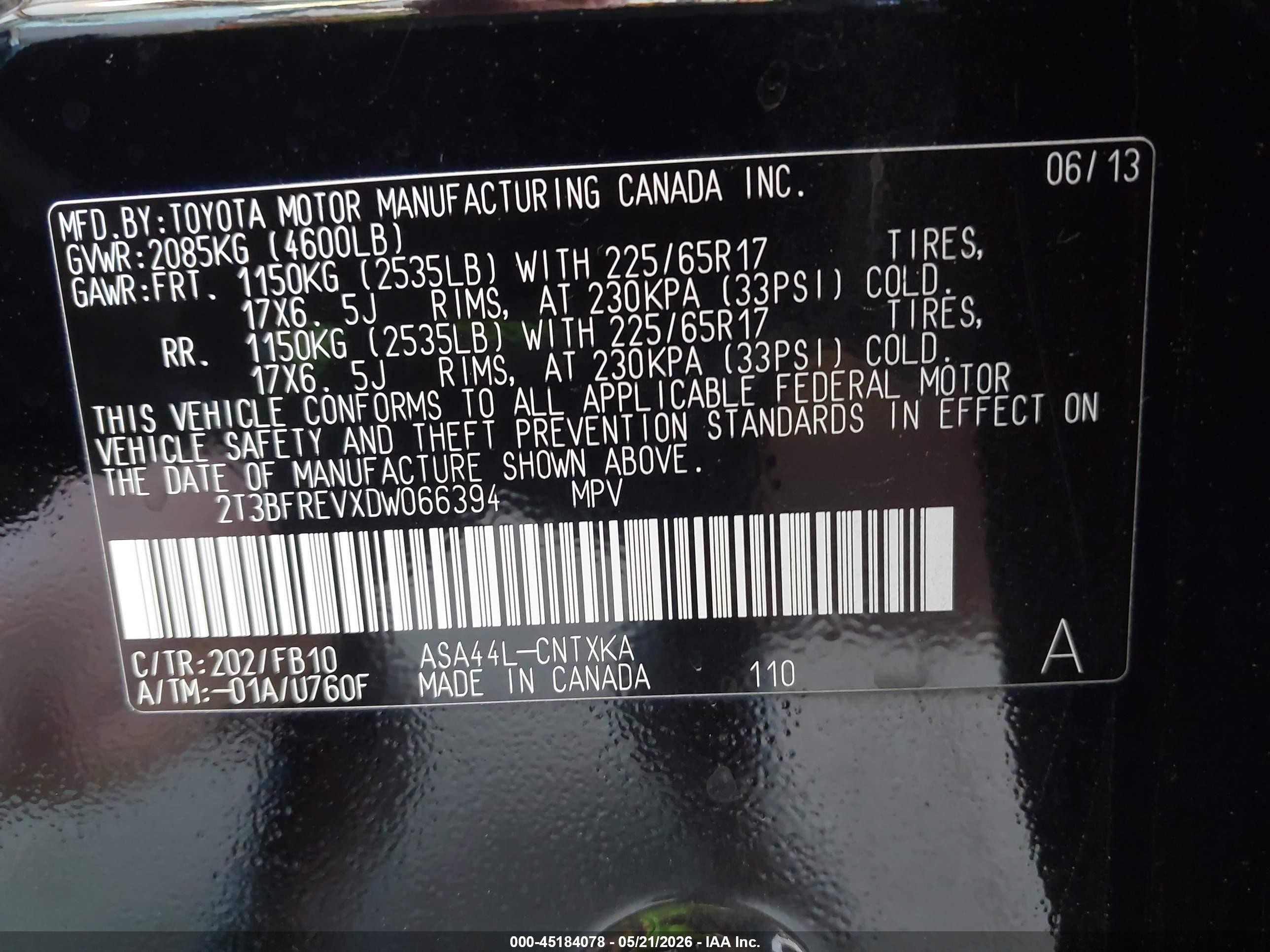 2013 Toyota Rav4 Le Black vin: 2T3BFREVXDW066394