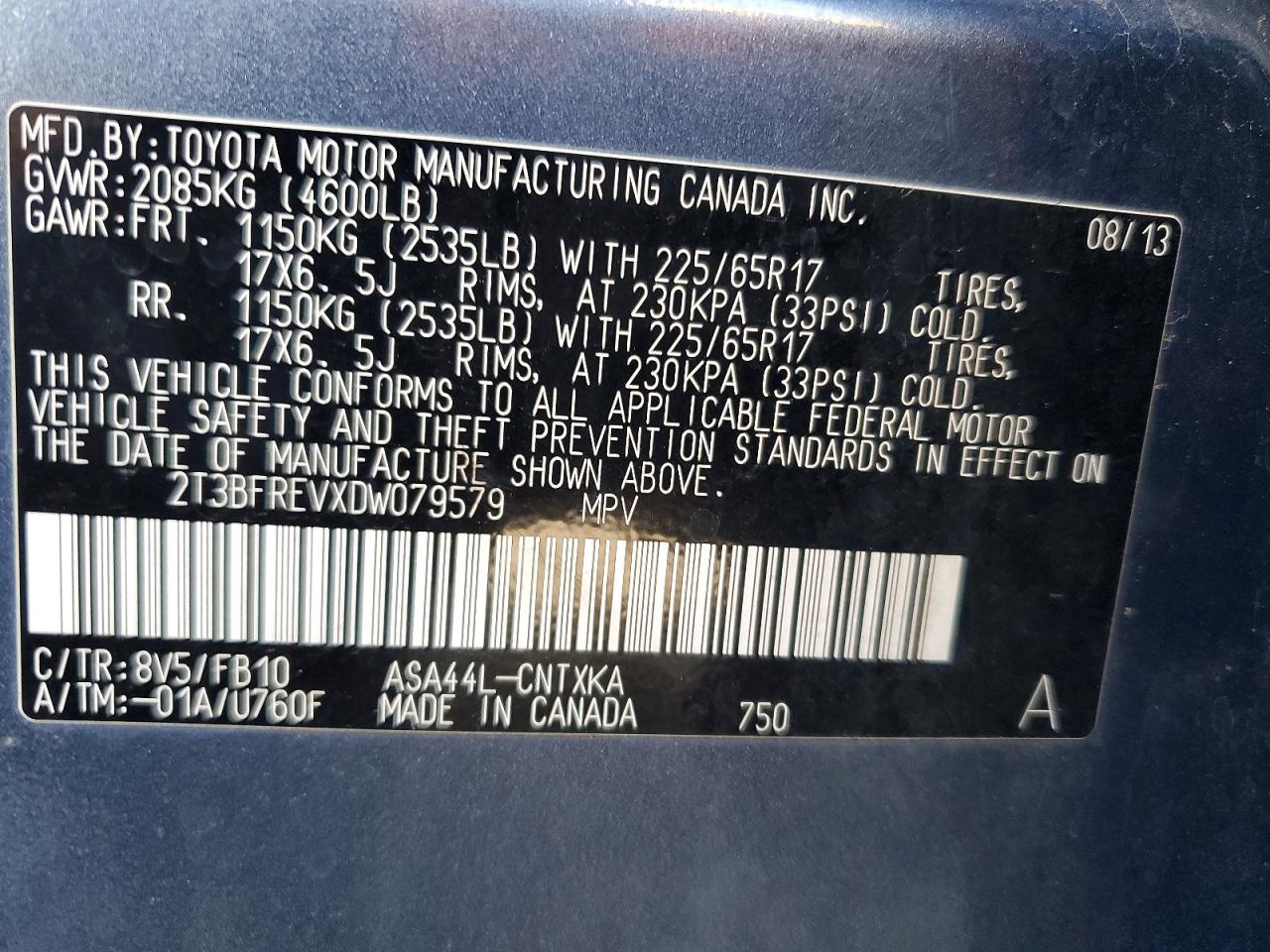 2013 Toyota Rav4 Le Blue vin: 2T3BFREVXDW079579