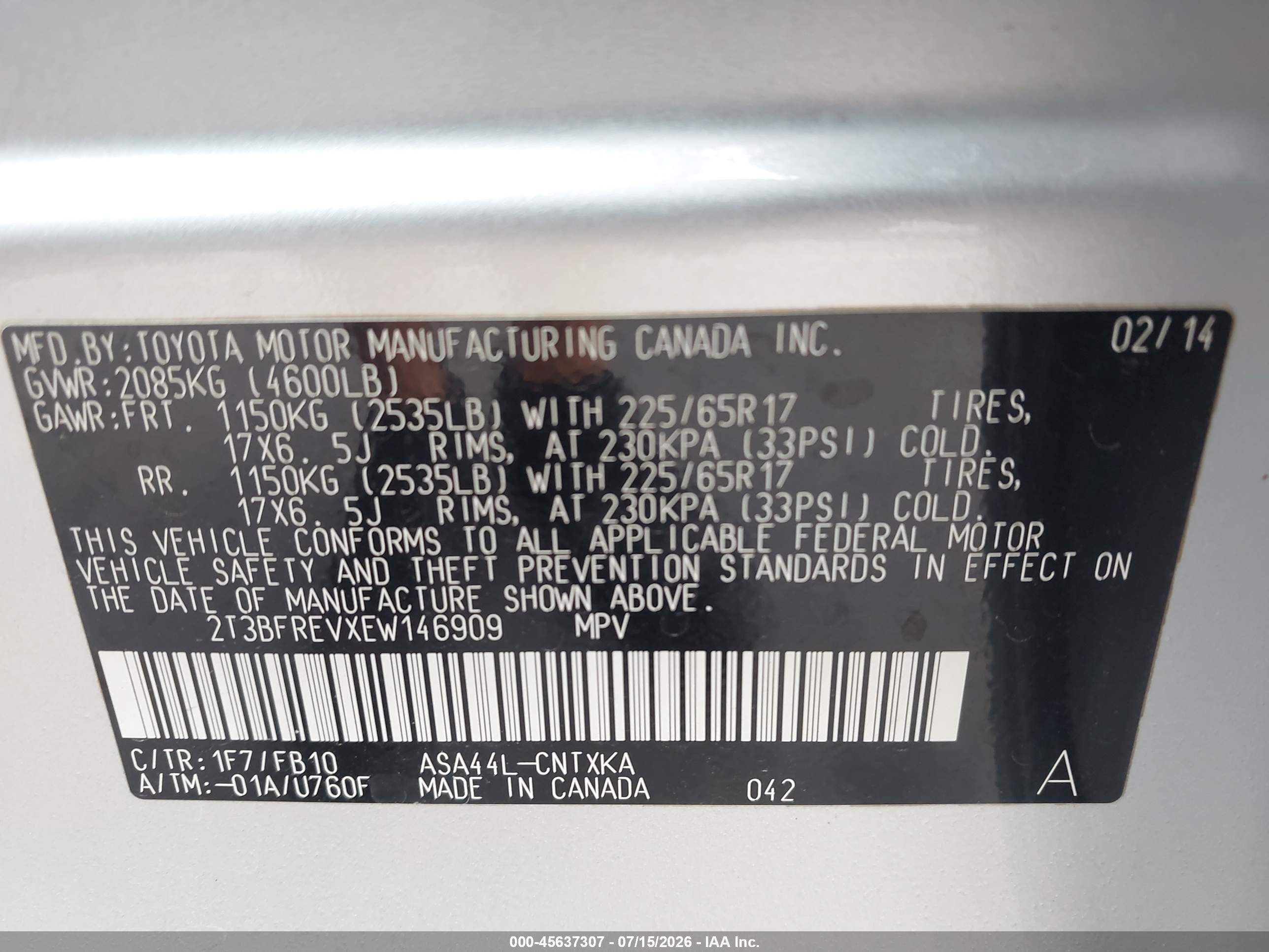 2014 Toyota Rav4 Le Silver vin: 2T3BFREVXEW146909
