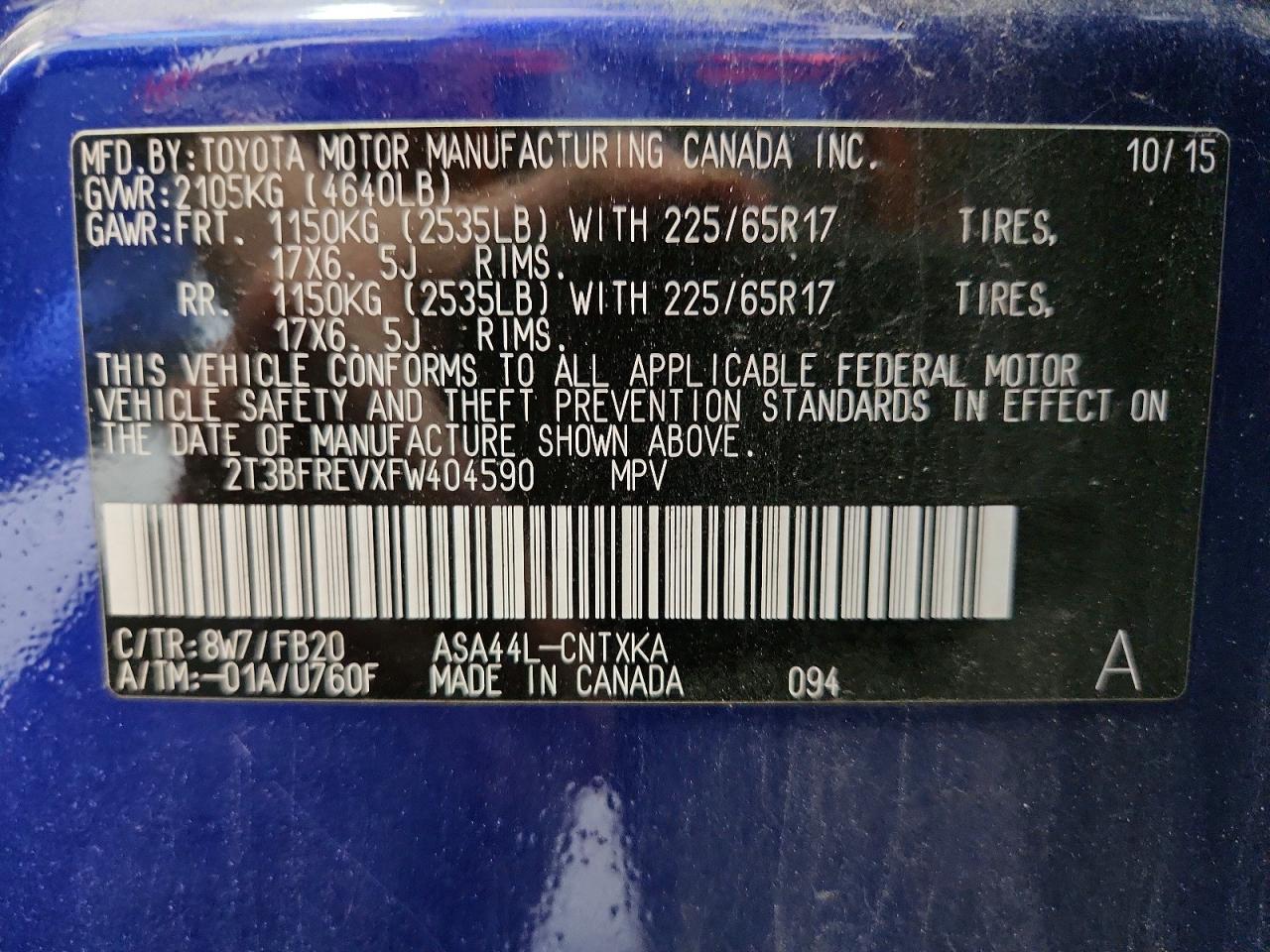 2015 Toyota Rav4 Le Blue vin: 2T3BFREVXFW404590