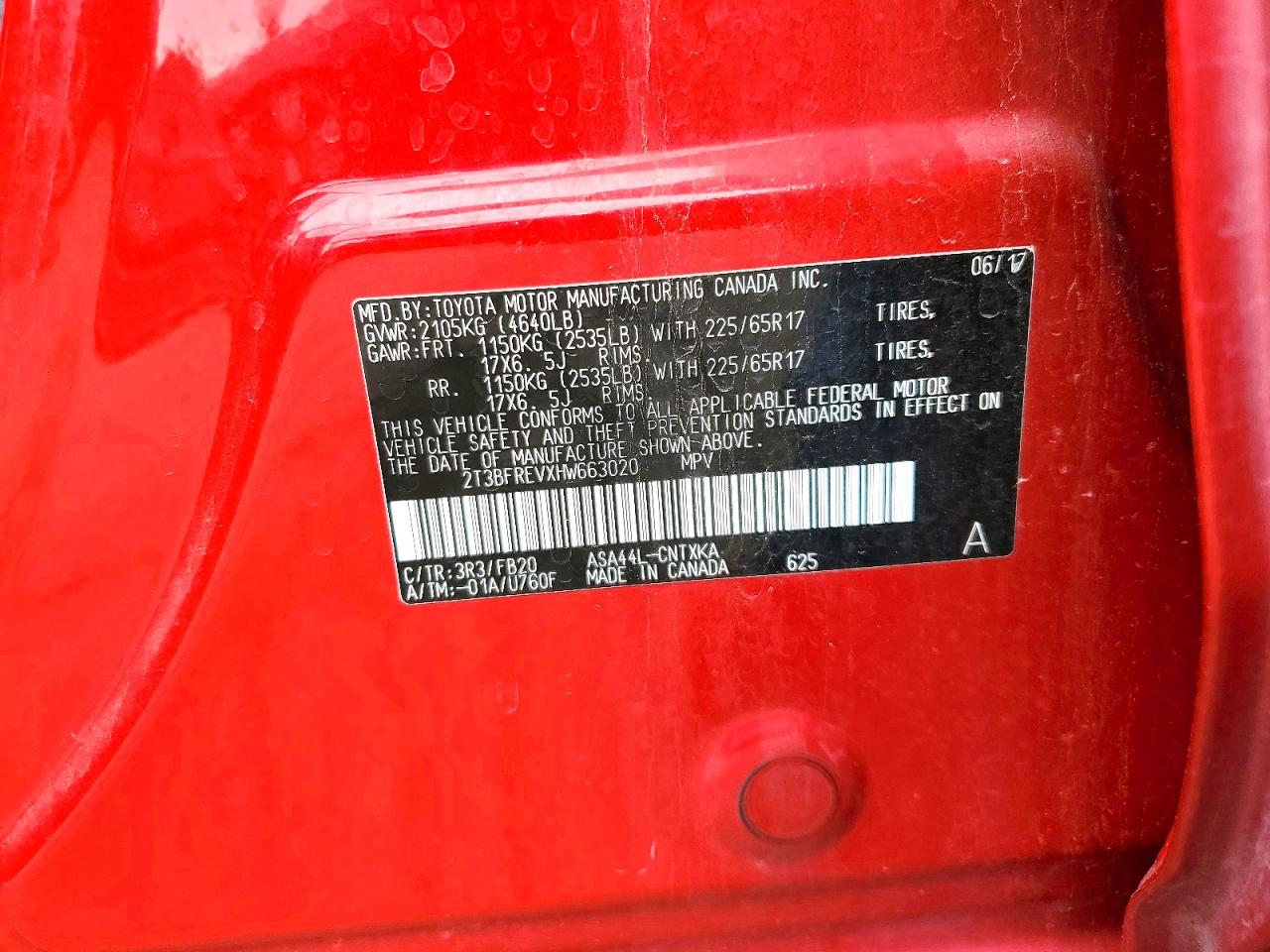 2017 Toyota Rav4 Le Red vin: 2T3BFREVXHW663020