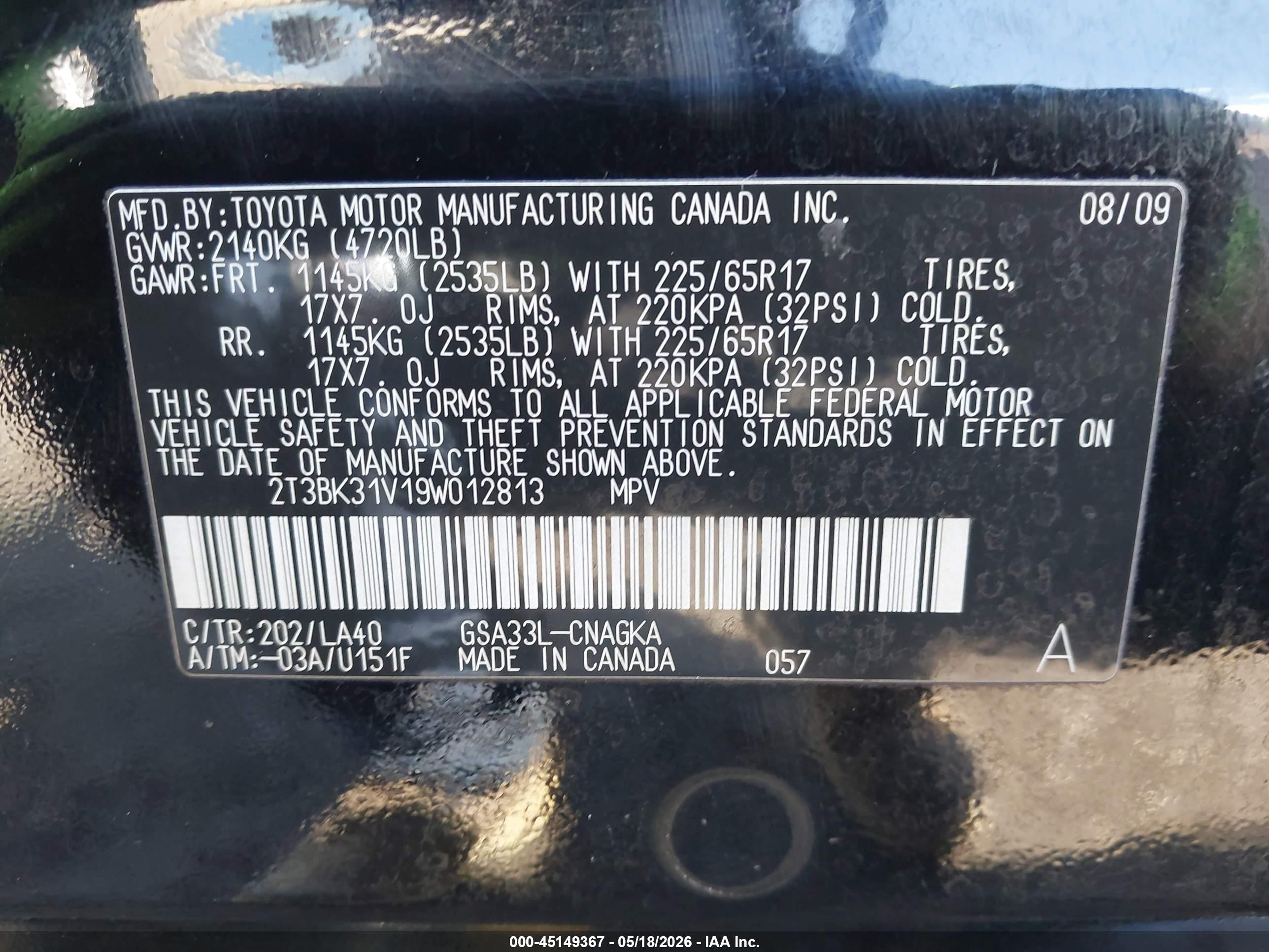 2009 Toyota Rav4 Limited V6 Black vin: 2T3BK31V19W012813