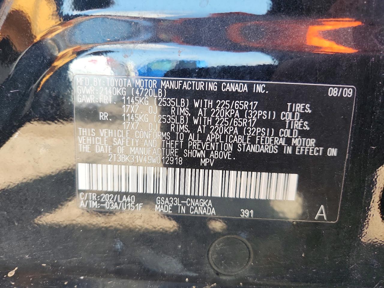2009 Toyota Rav4 Limited Black vin: 2T3BK31V49W012918