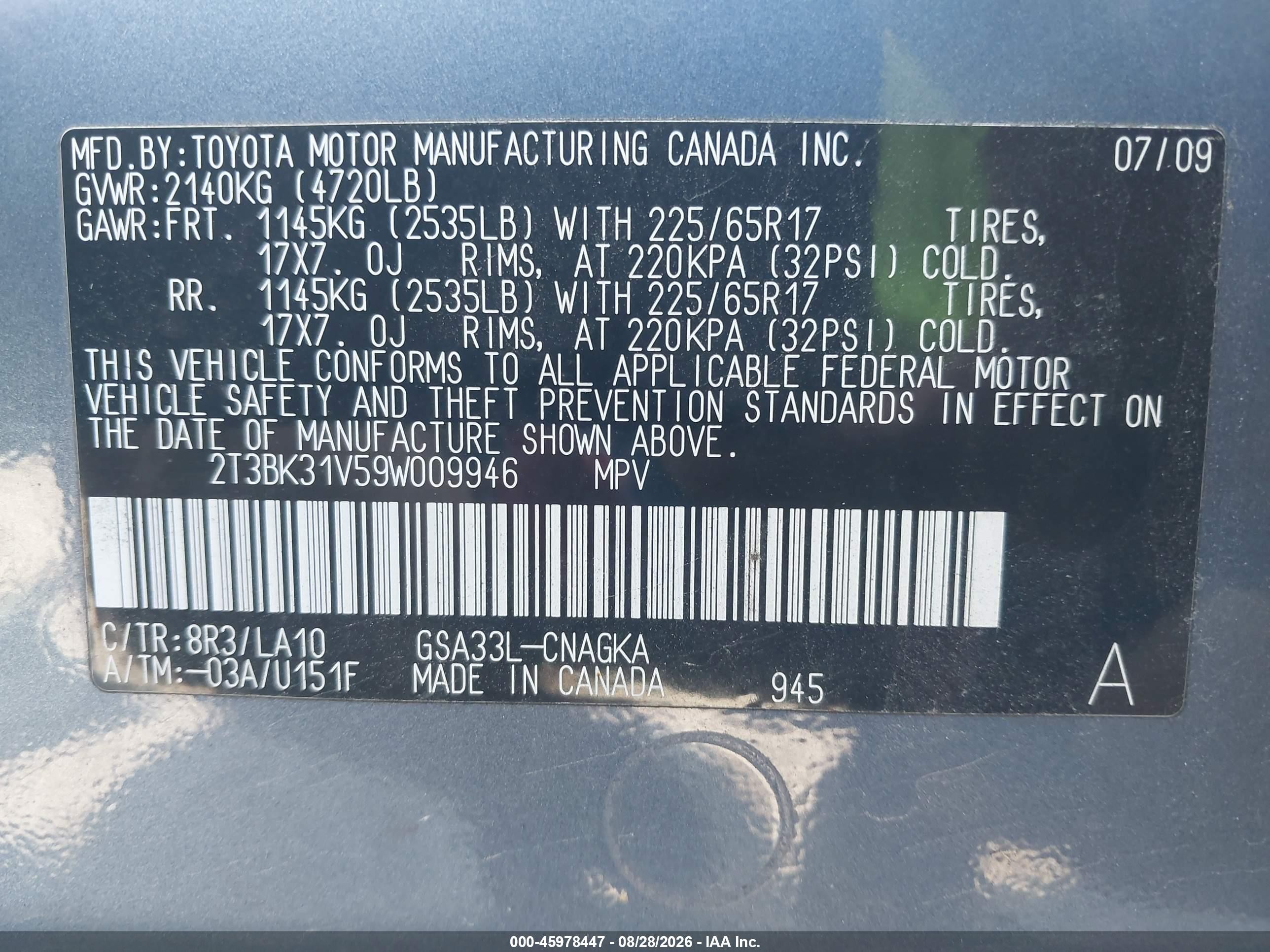 2009 Toyota Rav4 Limited V6 Blue vin: 2T3BK31V59W009946