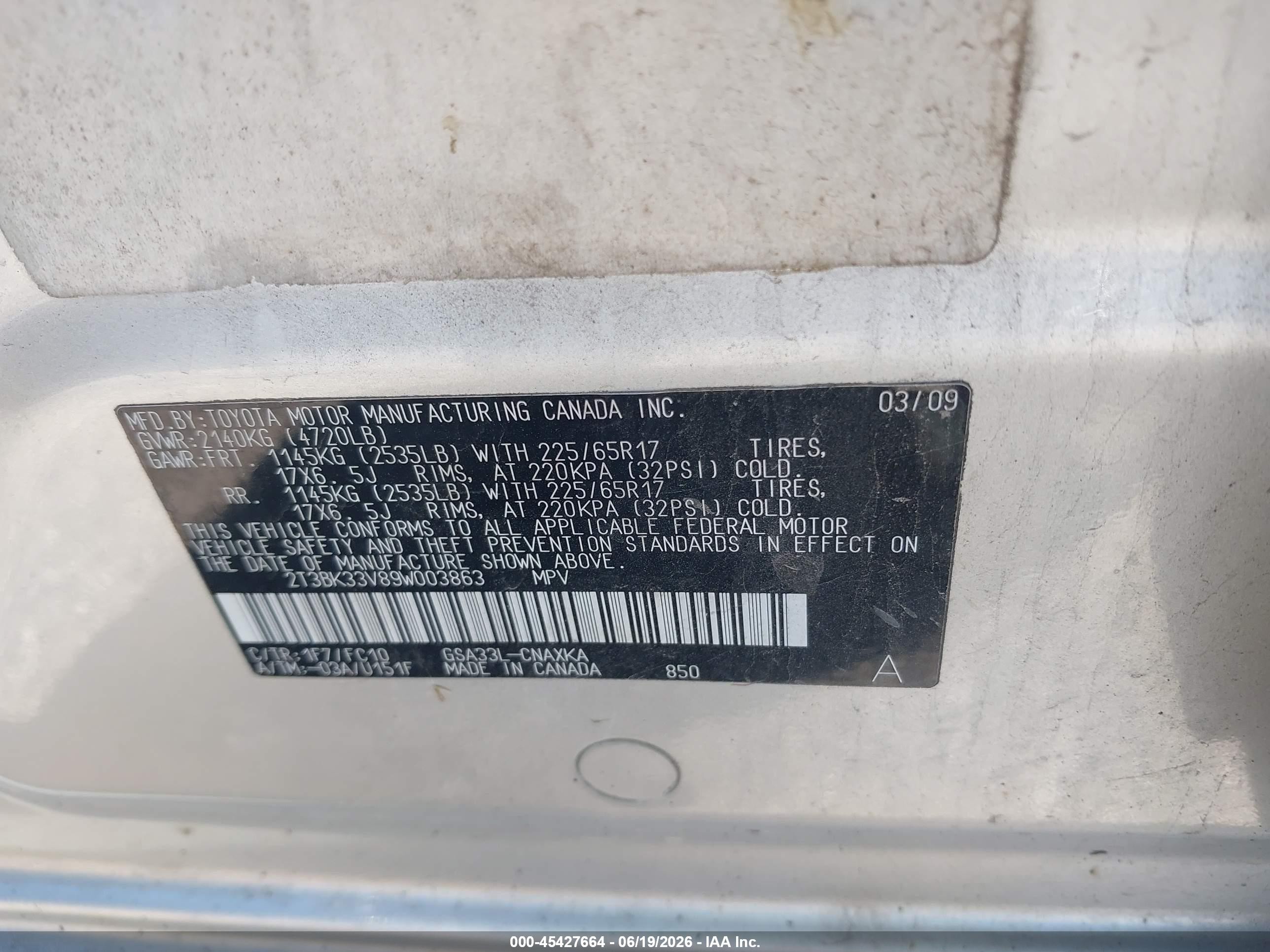 2009 Toyota Rav4 Base V6 Silver vin: 2T3BK33V89W003863