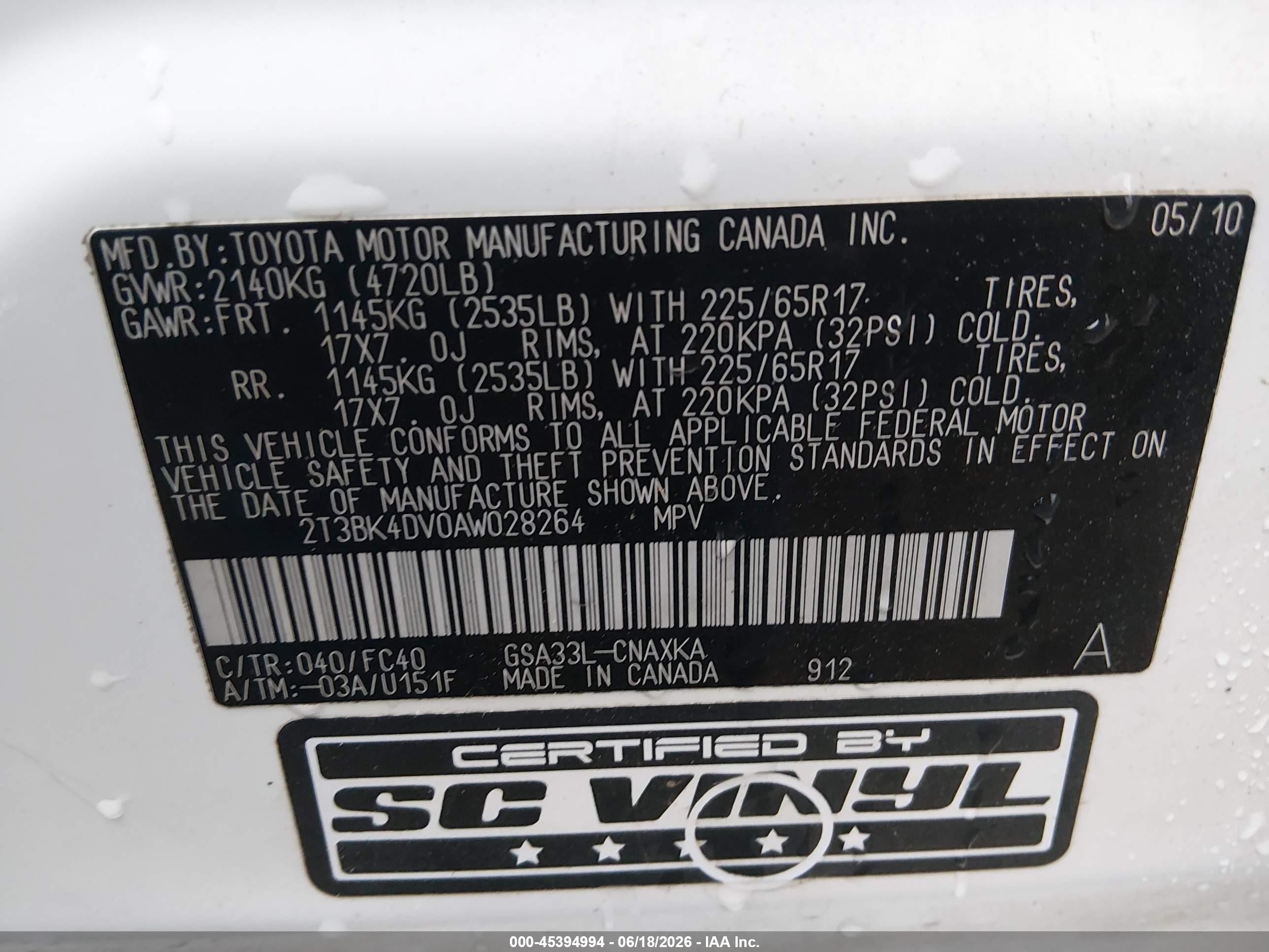 2010 Toyota Rav4 Base V6 White vin: 2T3BK4DV0AW028264