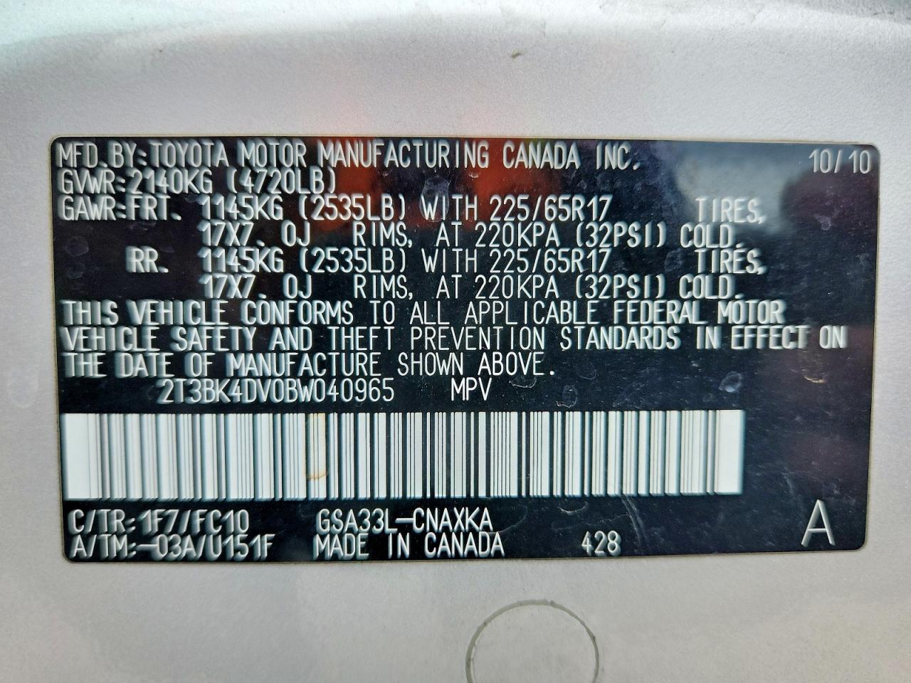 2011 Toyota Rav4 Base Серебряный vin: 2T3BK4DV0BW040965