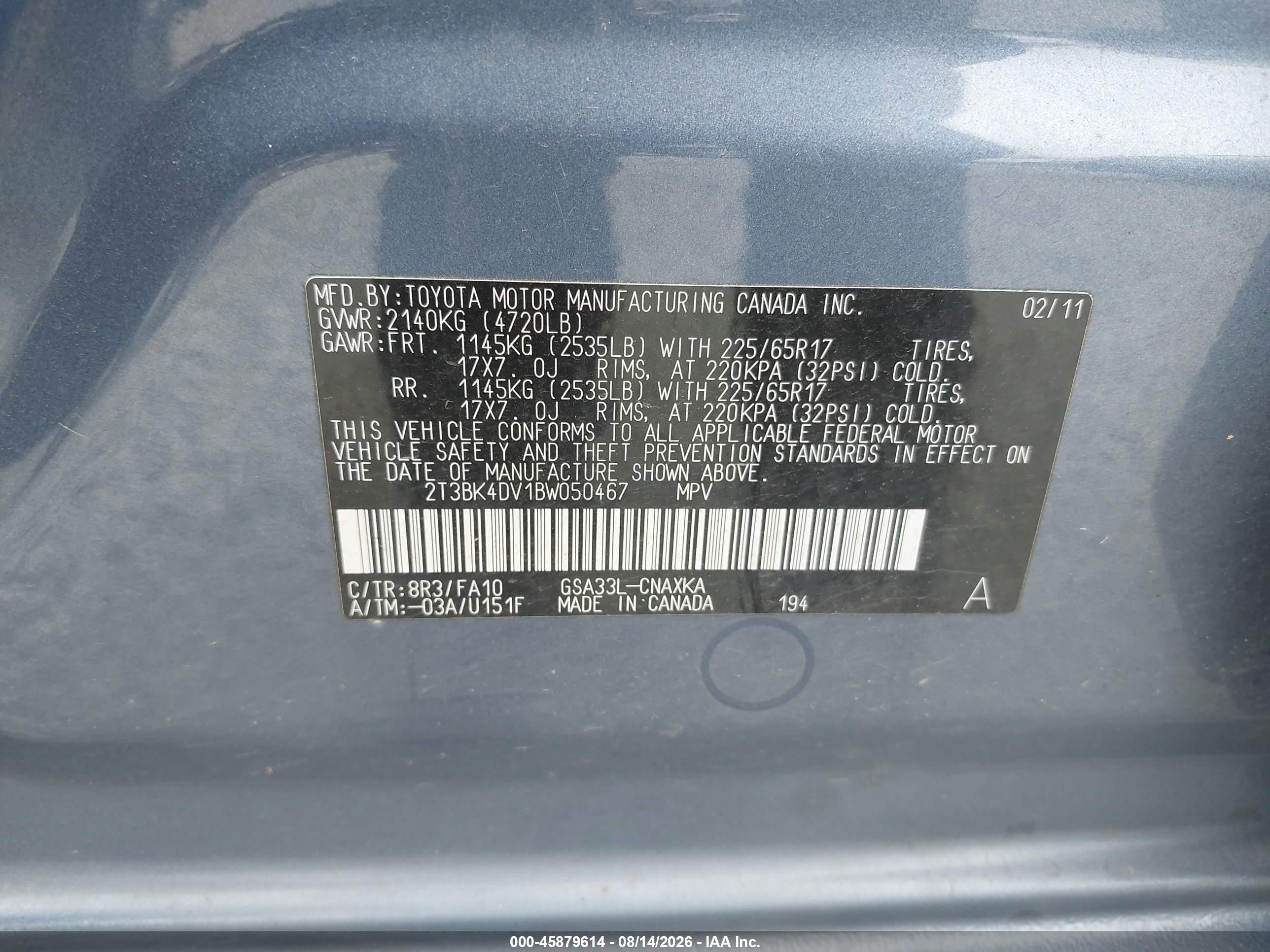 2011 Toyota Rav4 Base V6 Blue vin: 2T3BK4DV1BW050467