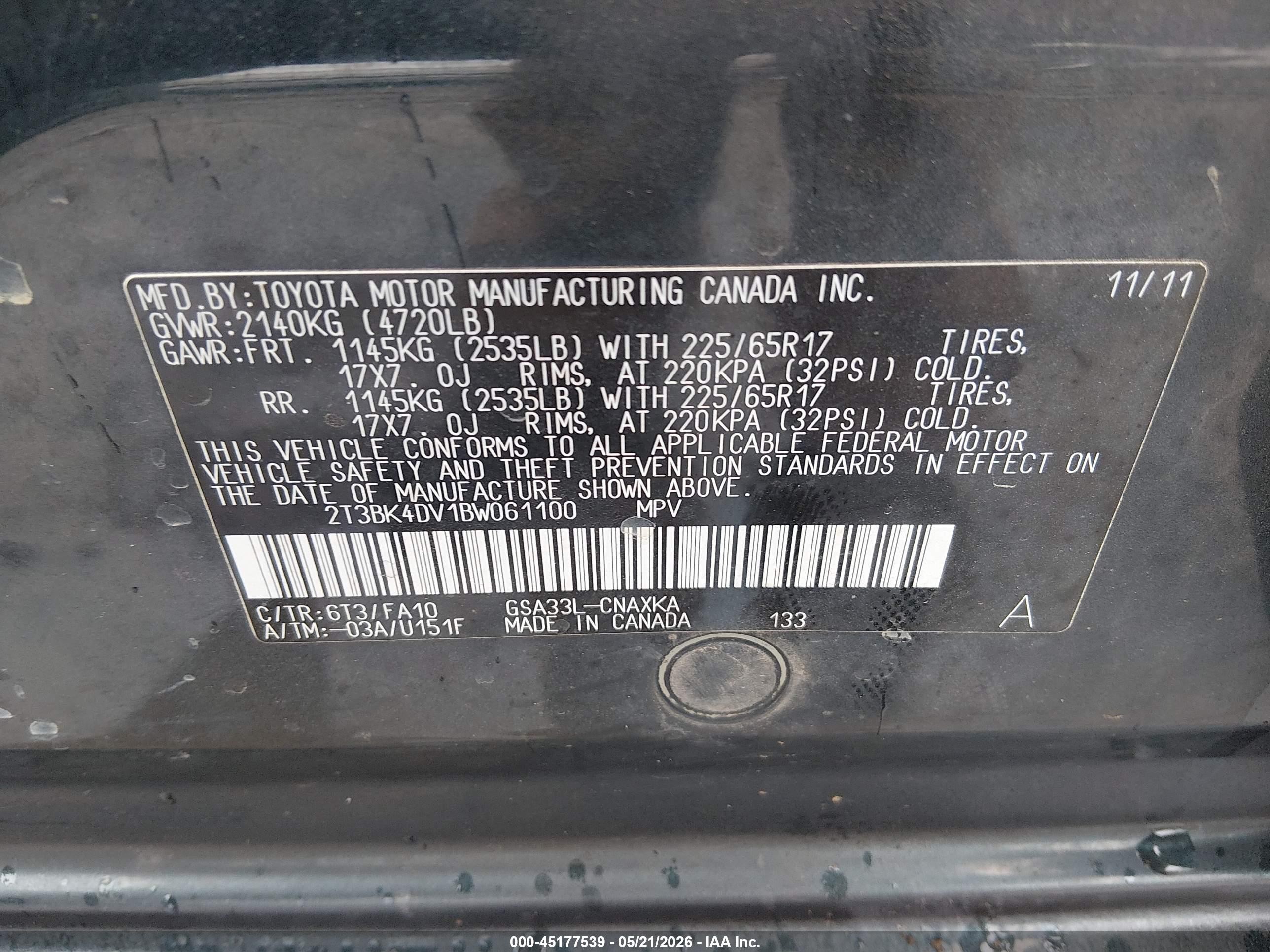 2011 Toyota Rav4 Base V6 Blue vin: 2T3BK4DV1BW061100
