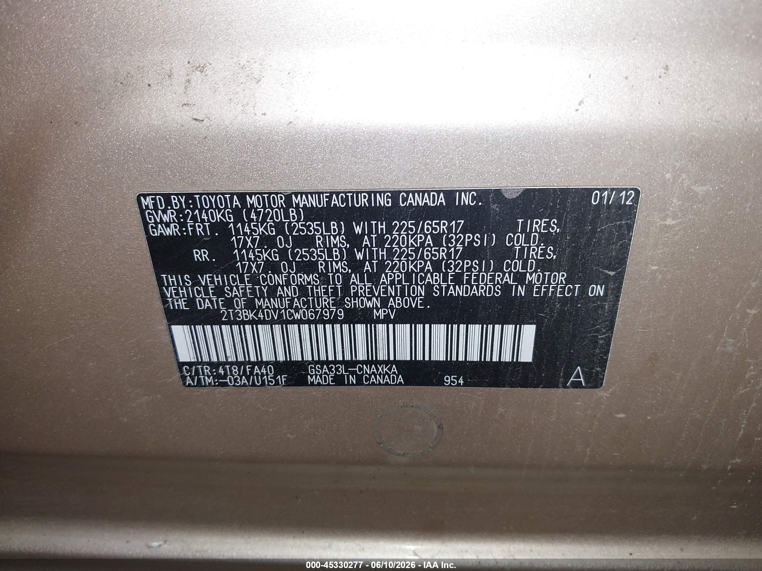 2012 Toyota Rav4 Base V6 Gold vin: 2T3BK4DV1CW067979