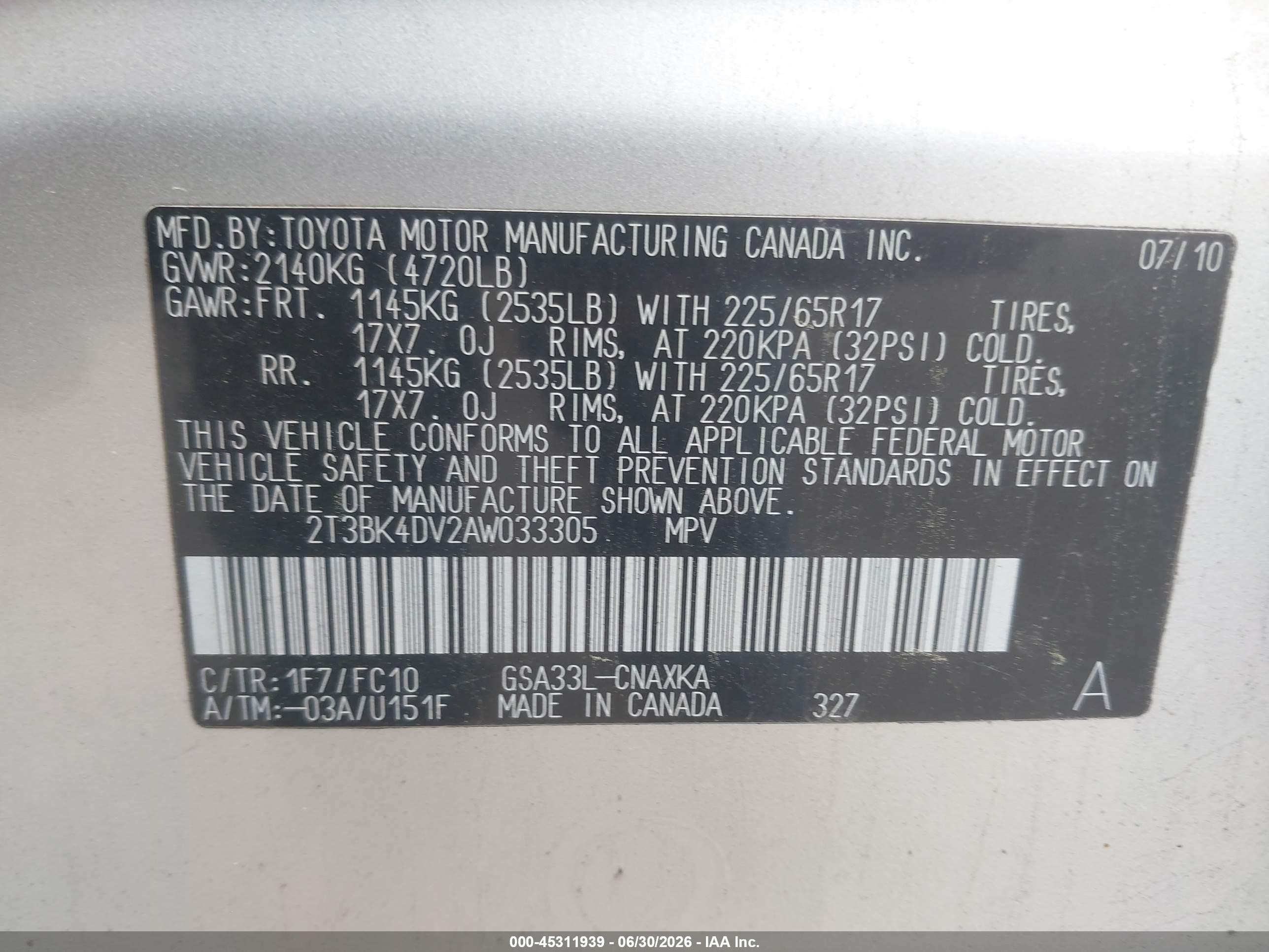 2010 Toyota Rav4 Base V6 Silver vin: 2T3BK4DV2AW033305
