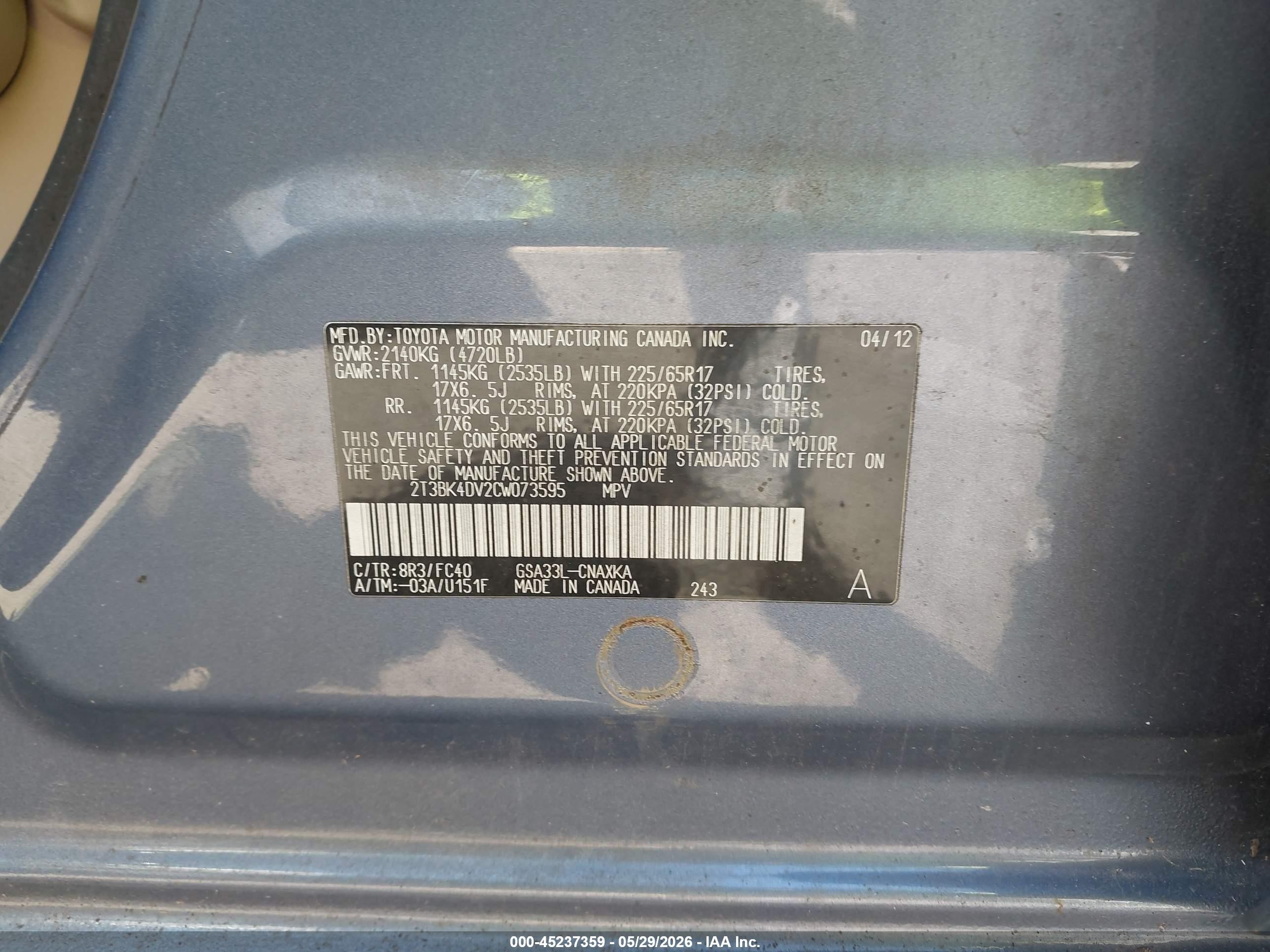 2012 Toyota Rav4 Base V6 Blue vin: 2T3BK4DV2CW073595